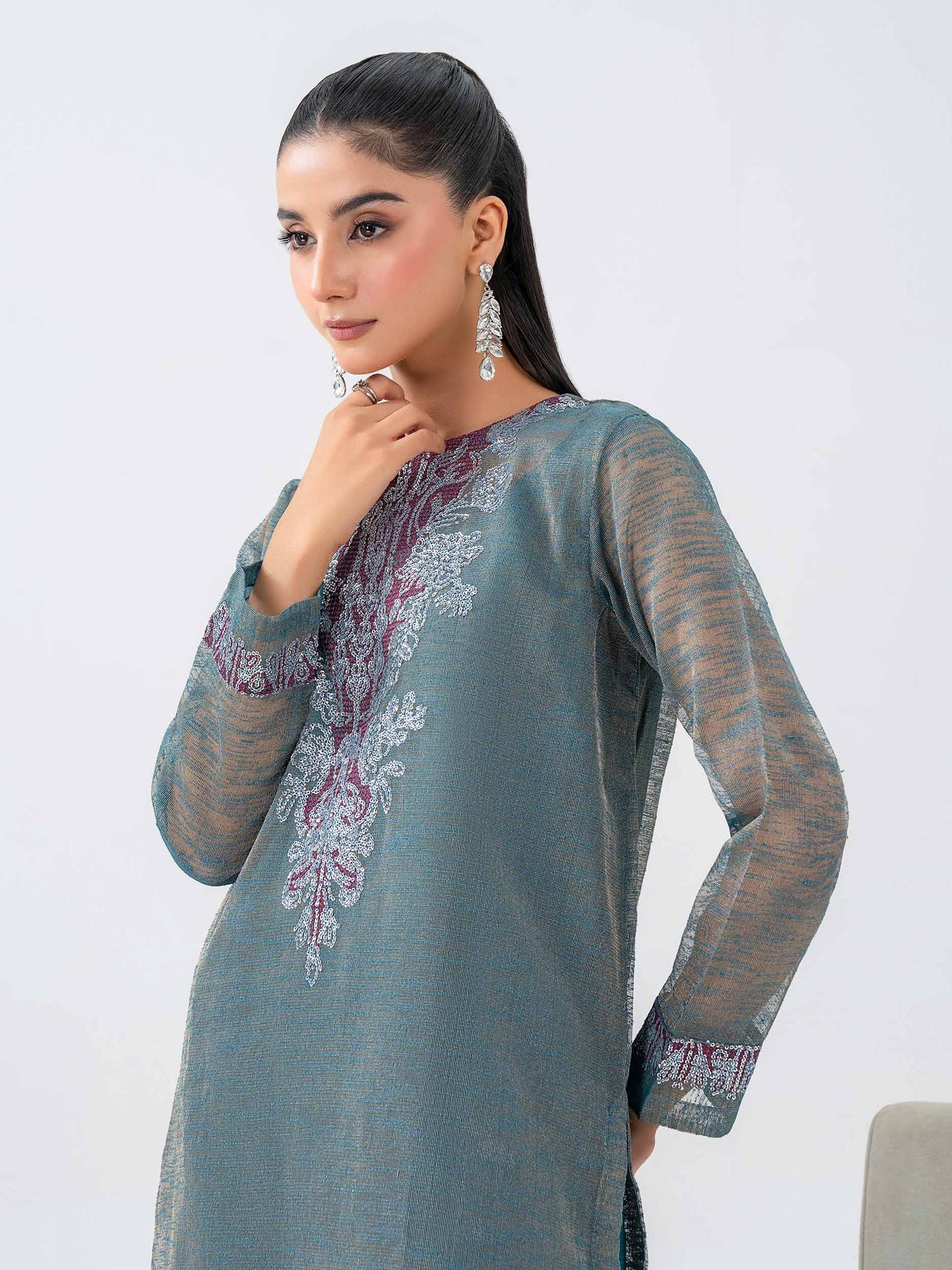 2 Piece Zari Net Suit-Embroidered (Pret)