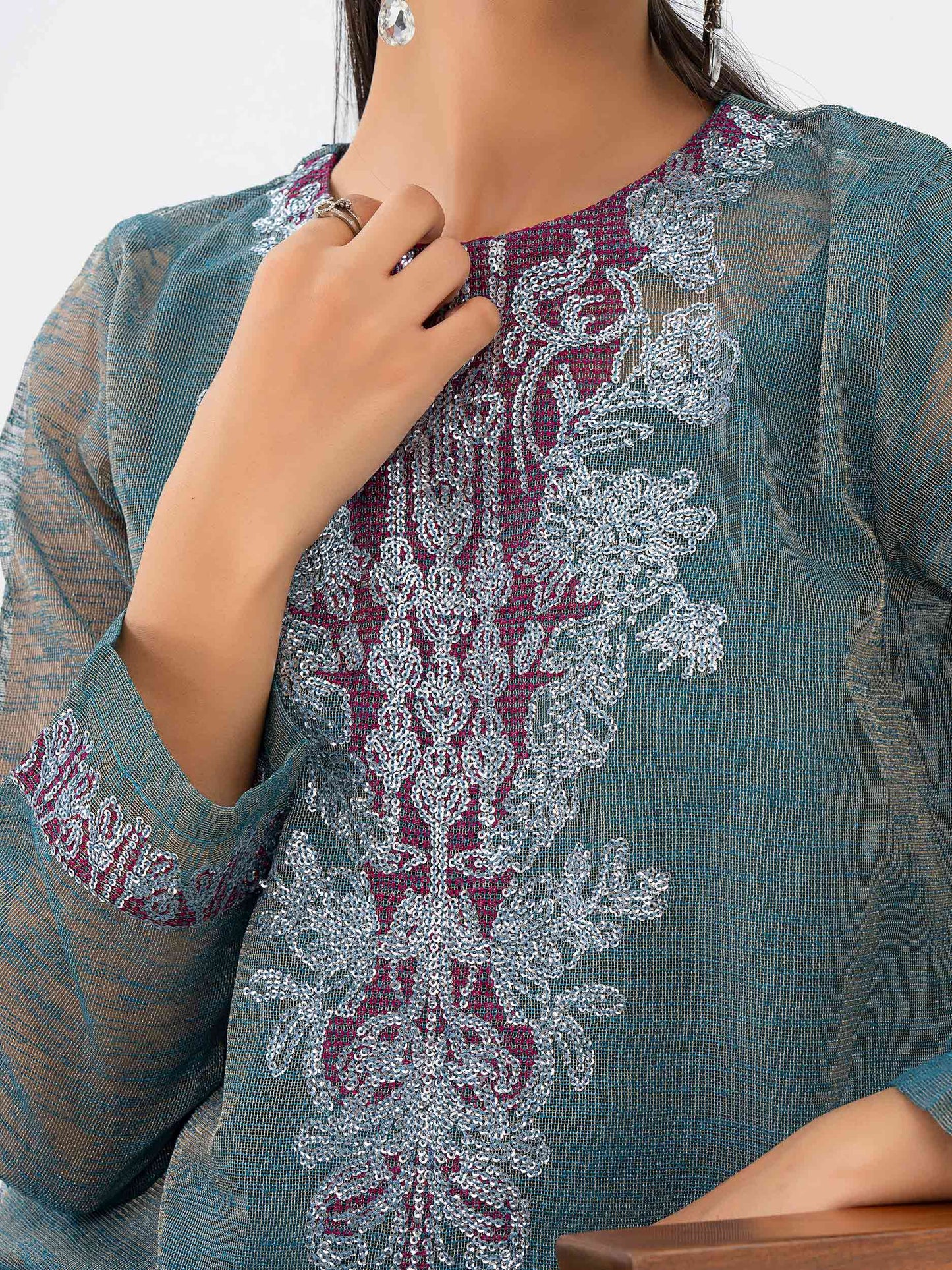 2 Piece Zari Net Suit-Embroidered (Pret)