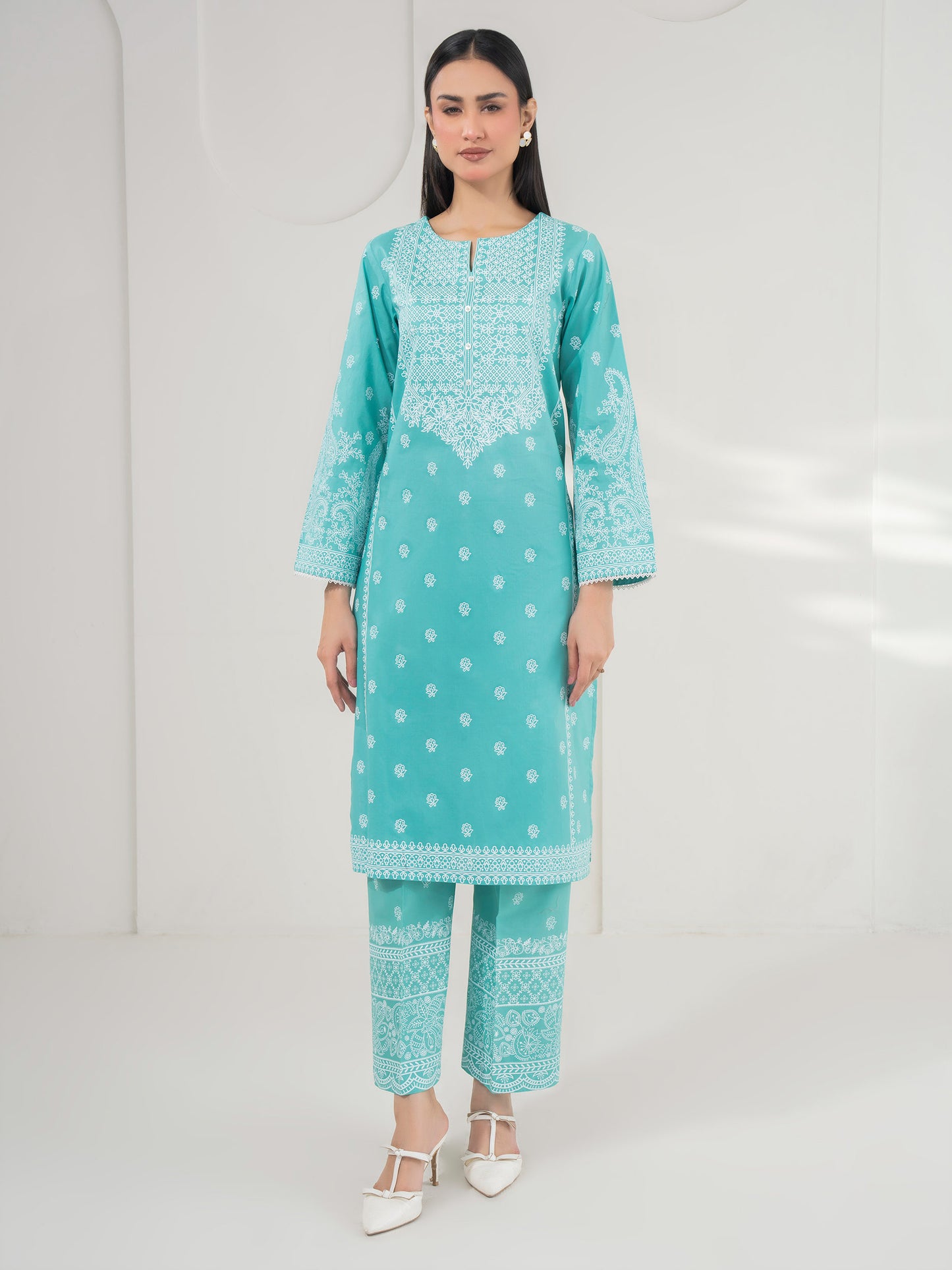2 Piece Cambric Suit-Paste Print (Pret)