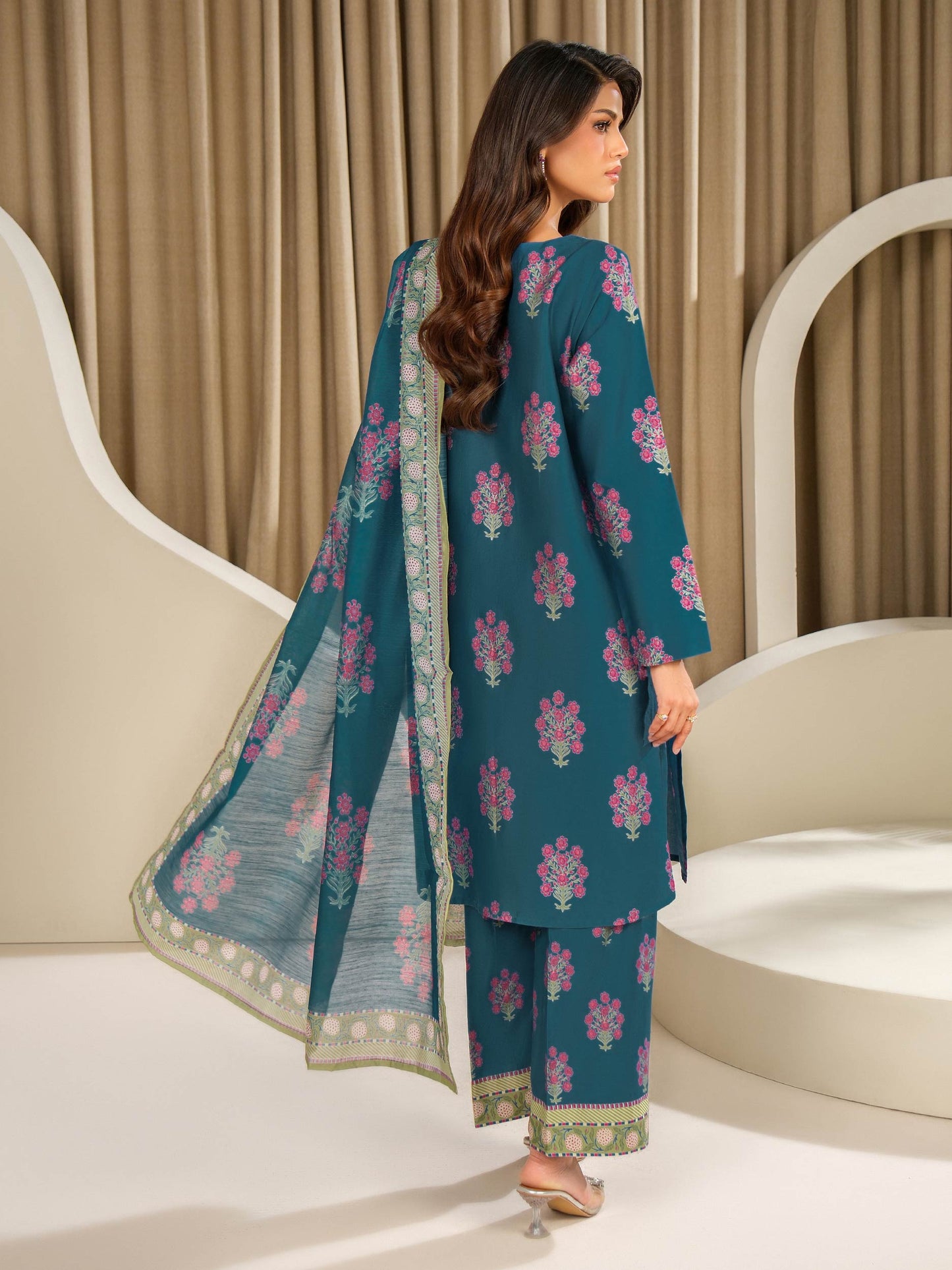 3 Piece Satin Suit-Embroidered (Unstitched)