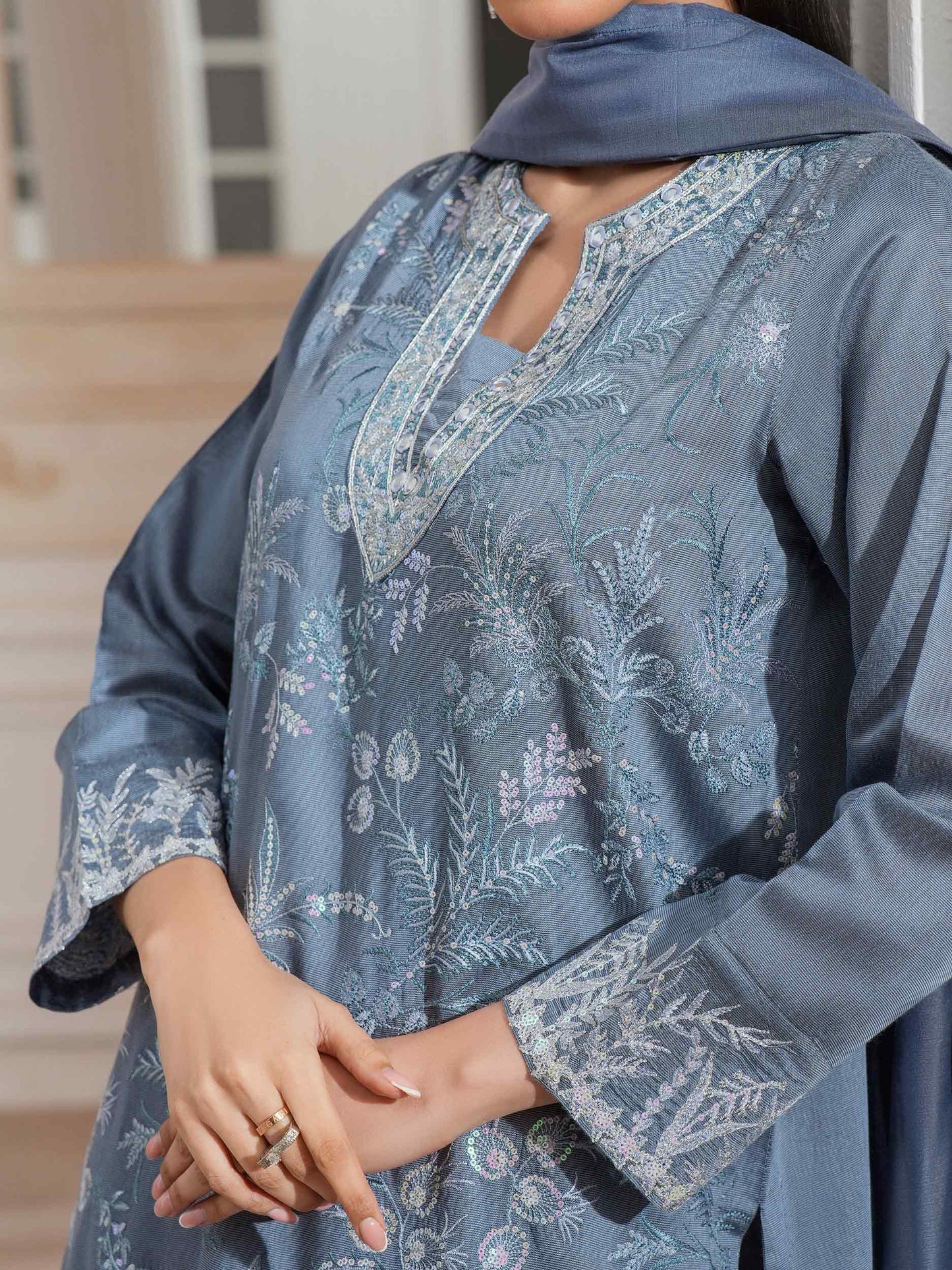 3 Piece Raw Silk Suit-Embroidered (Unstitched)