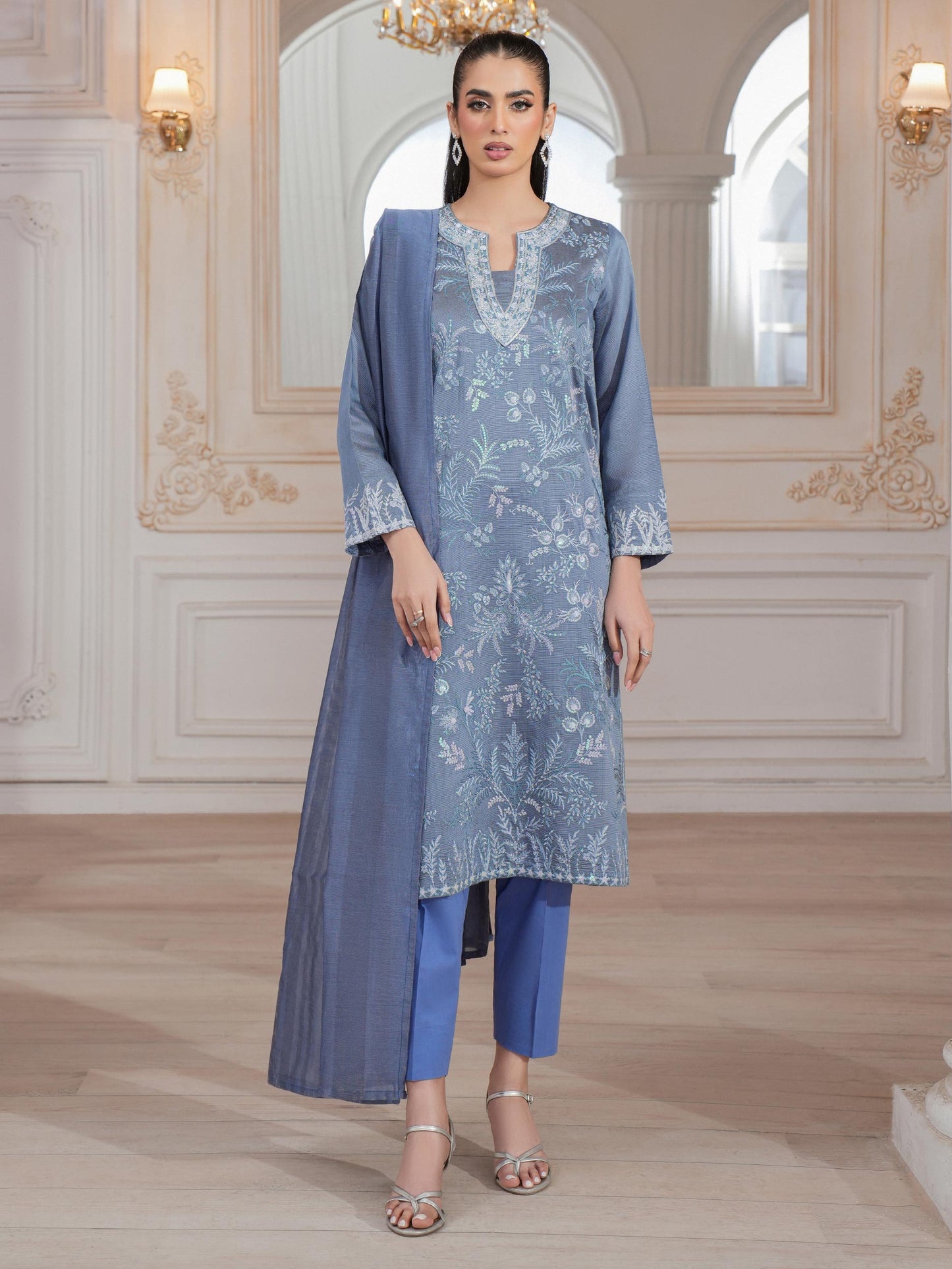 3 Piece Raw Silk Suit-Embroidered (Unstitched)