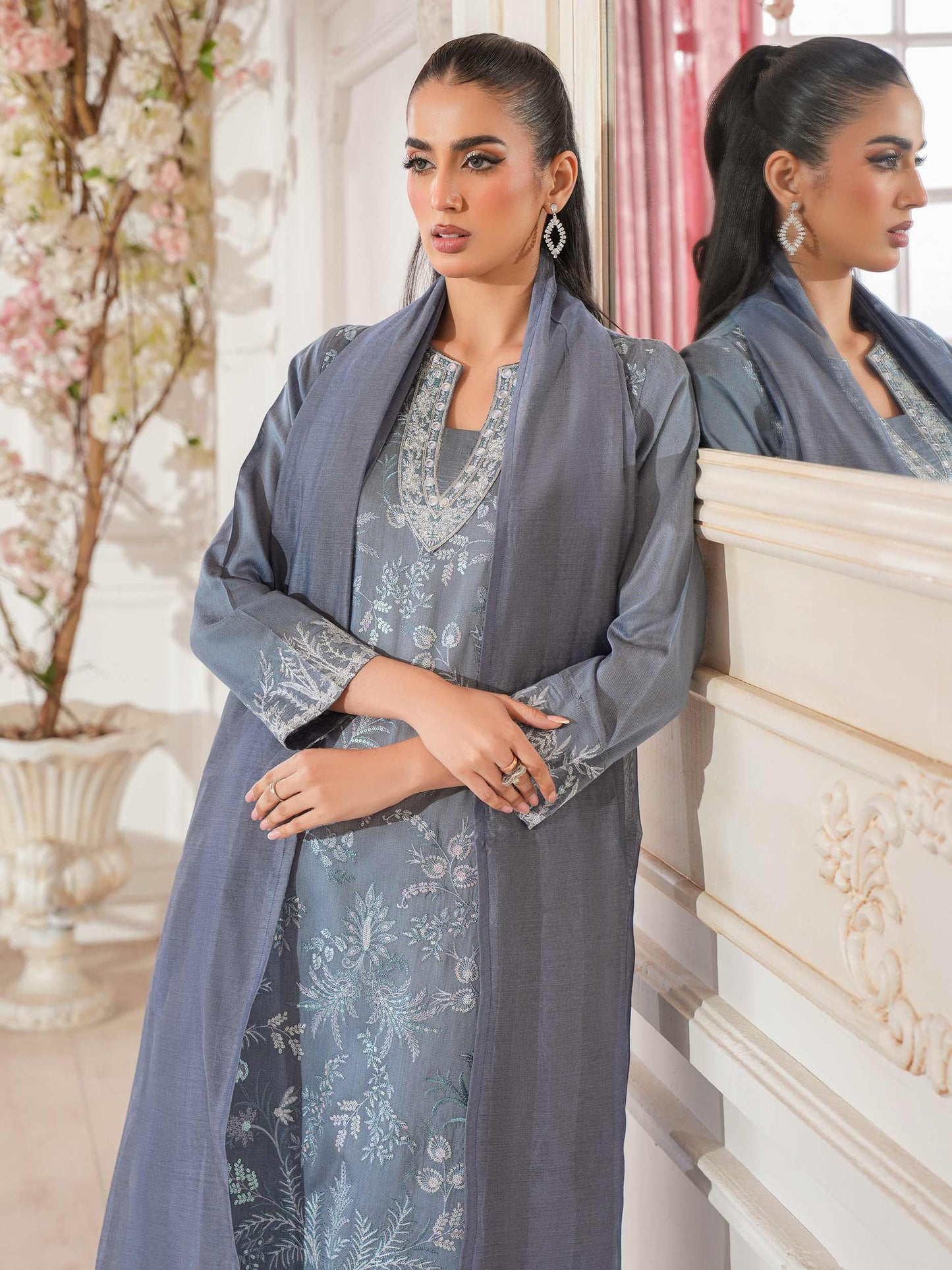 3 Piece Raw Silk Suit-Embroidered (Unstitched)