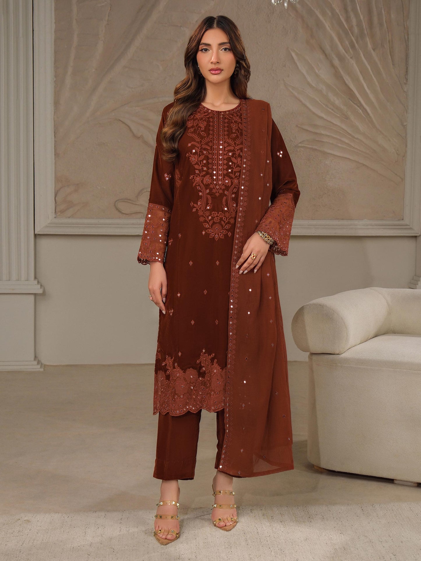 3 Piece Velvet Suit-Embroidered (Unstitched)