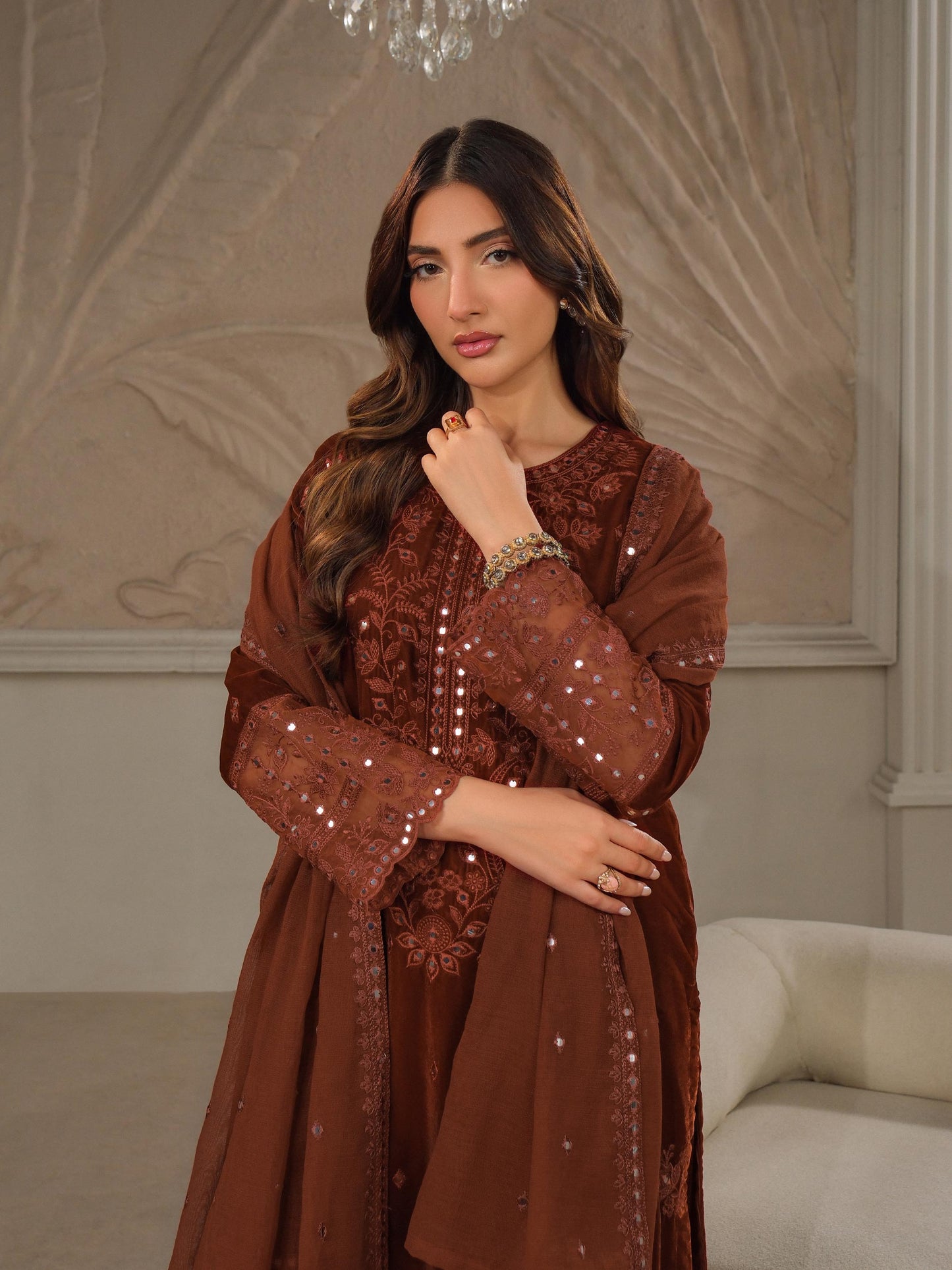 3 Piece Velvet Suit-Embroidered (Unstitched)