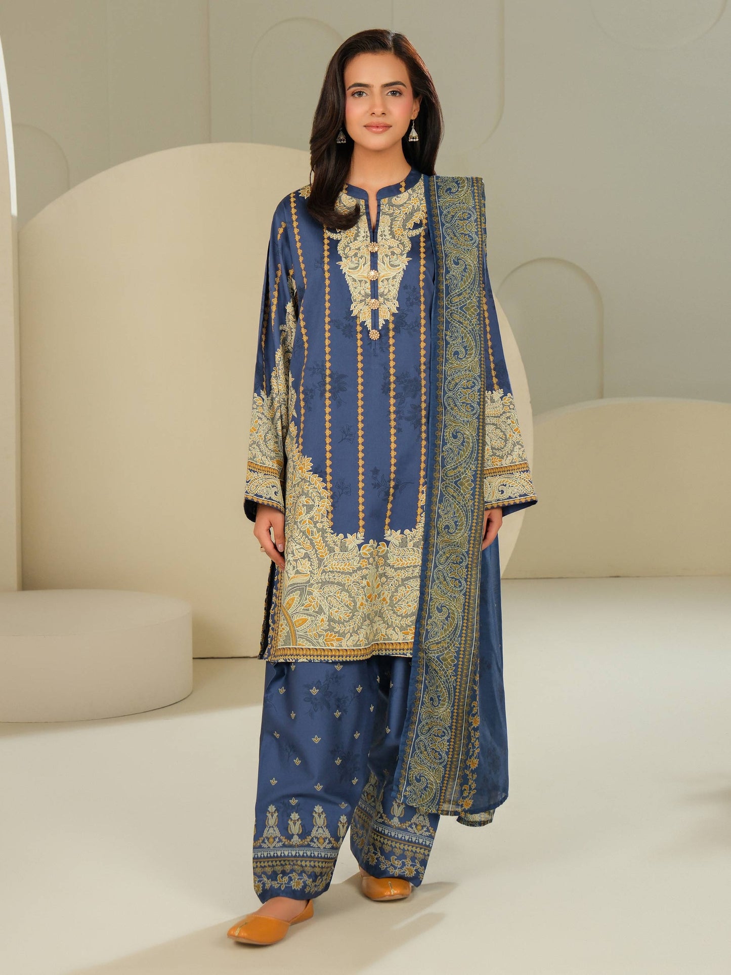 3 Piece Satin Suit-Printed (Unstitched)