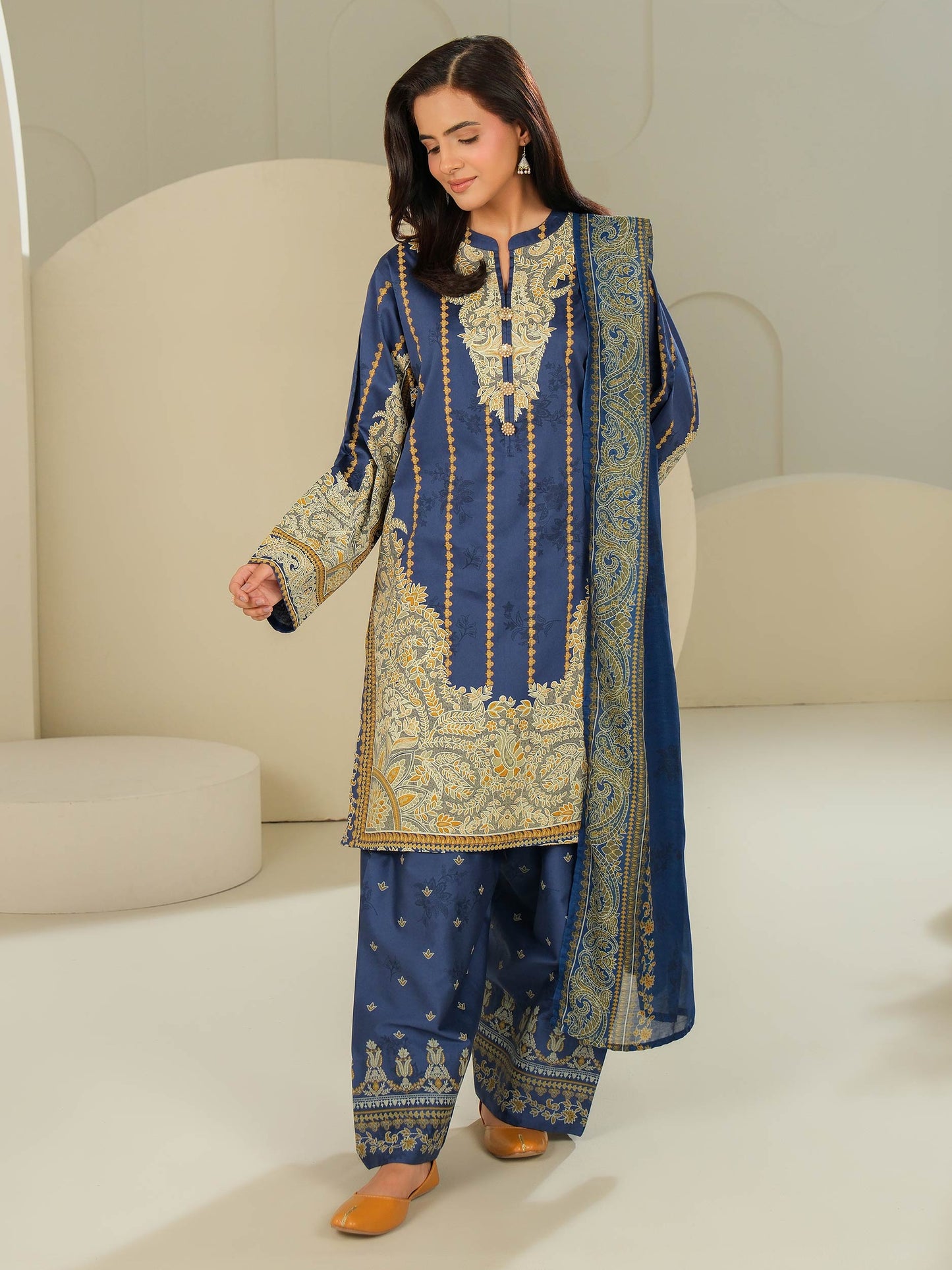 3 Piece Satin Suit-Printed (Unstitched)