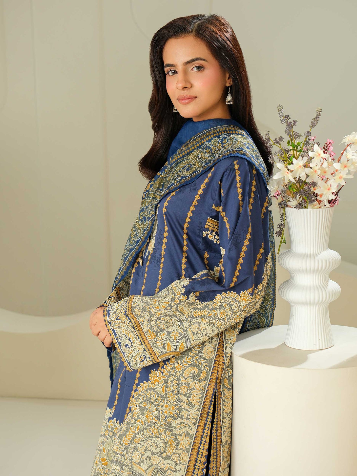 3 Piece Satin Suit-Printed (Unstitched)