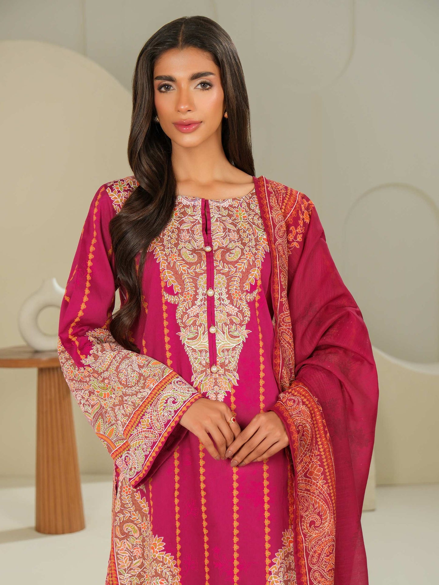 3 Piece Satin Suit-Printed (Unstitched)