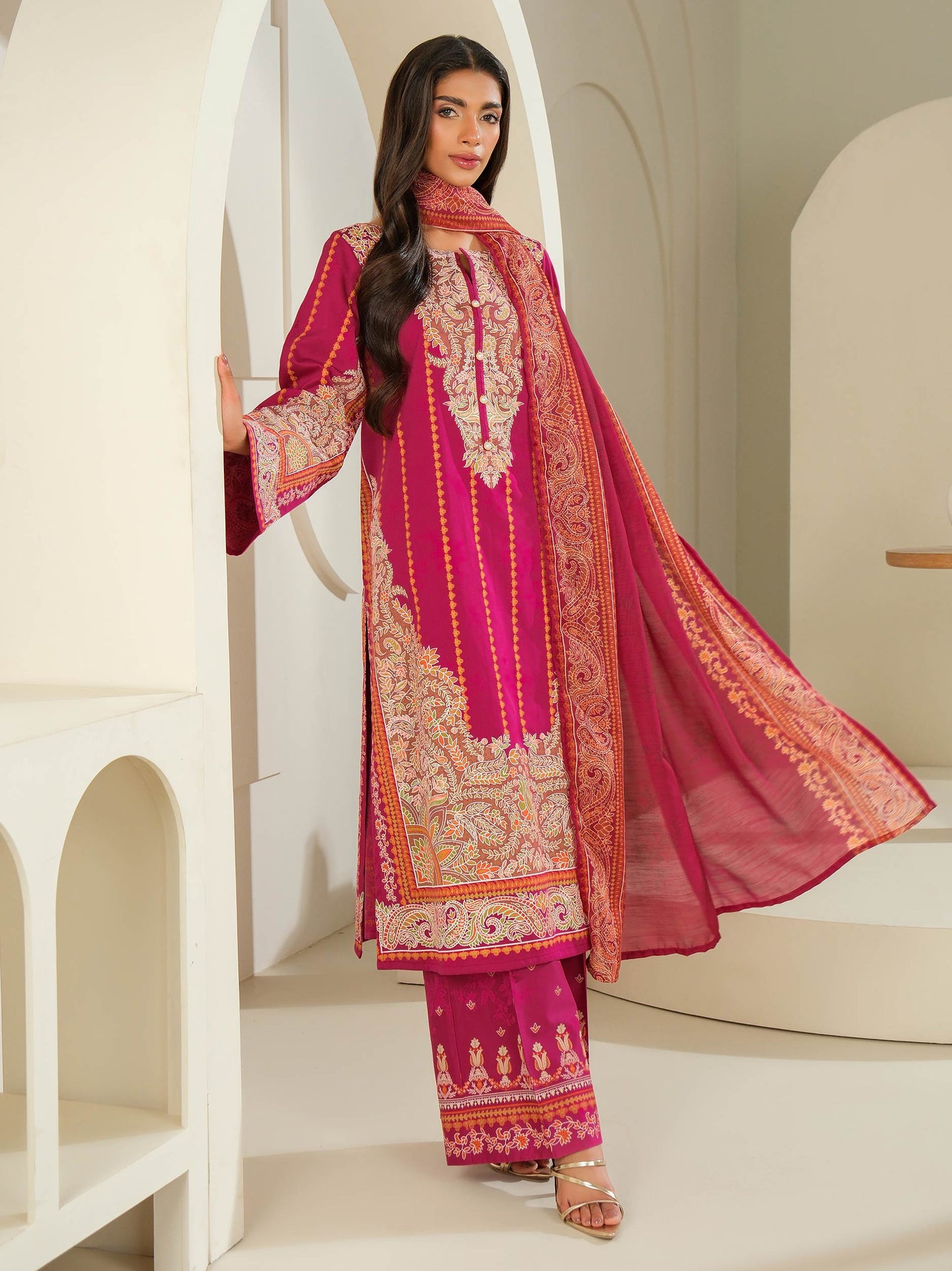 3 Piece Satin Suit-Printed (Unstitched)