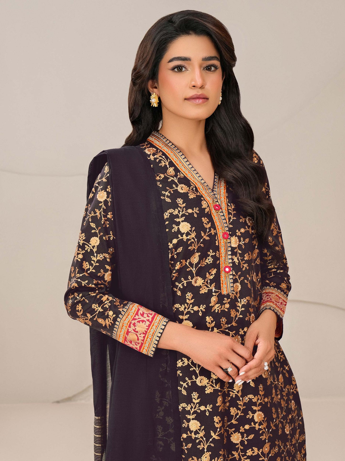 3 Piece Satin Suit-Paste Print (Unstitched)