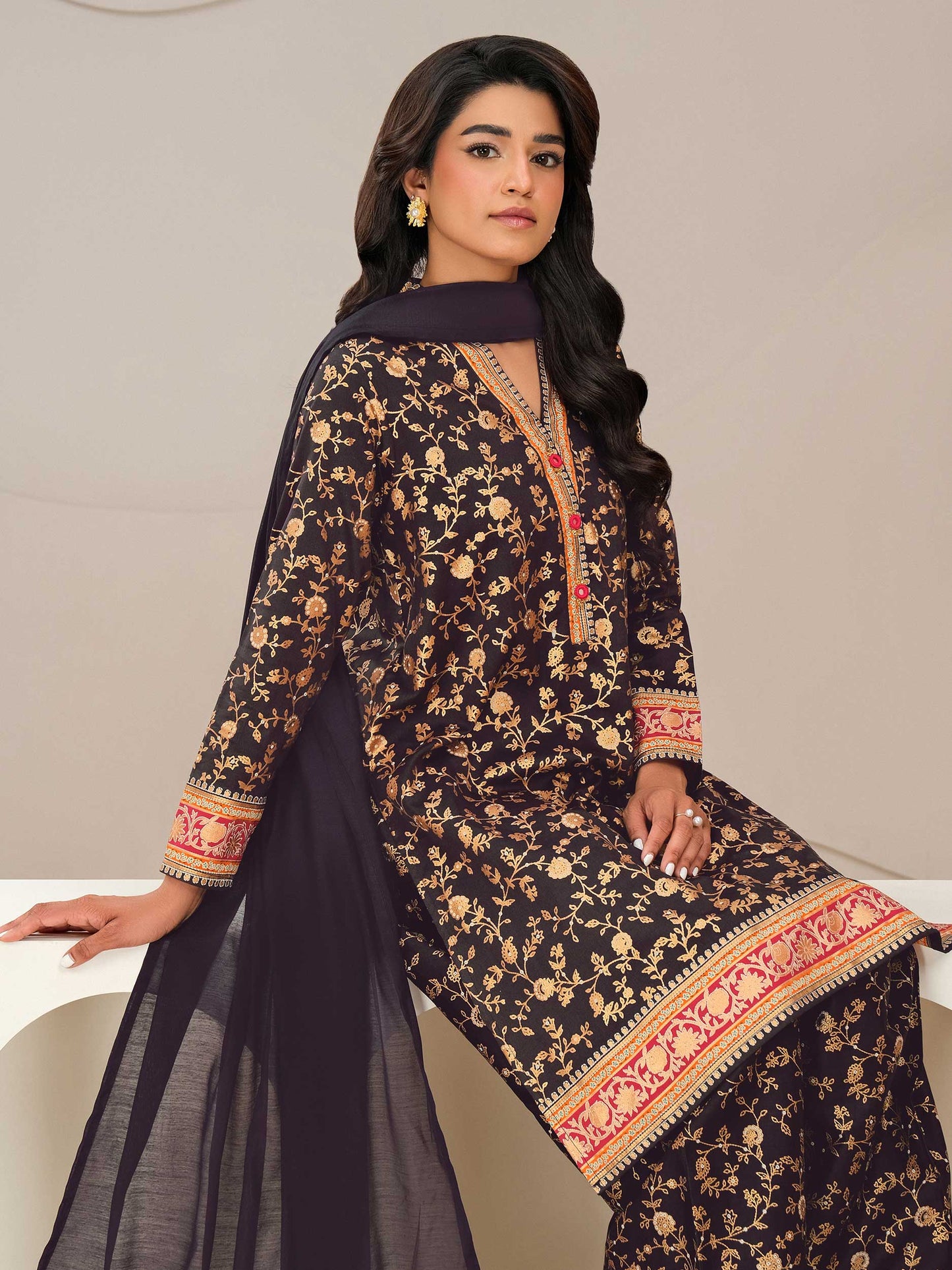 3 Piece Satin Suit-Paste Print (Unstitched)