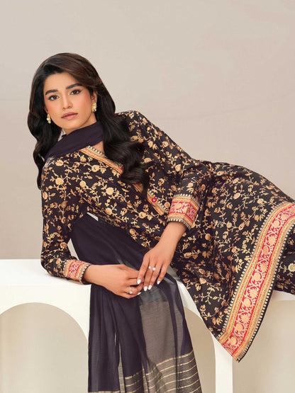 3 Piece Satin Suit-Paste Print (Unstitched)
