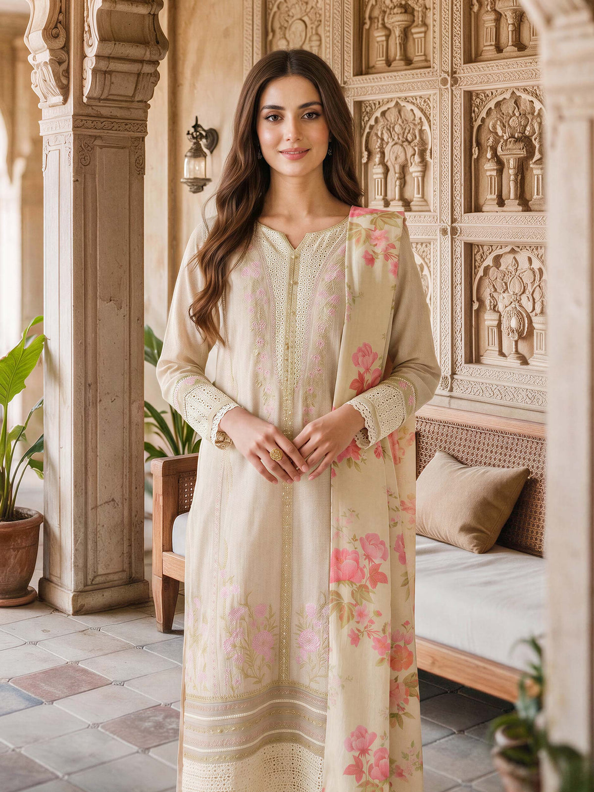 3 Piece Zari Karandi Suit- Embroidered (Unstitched)