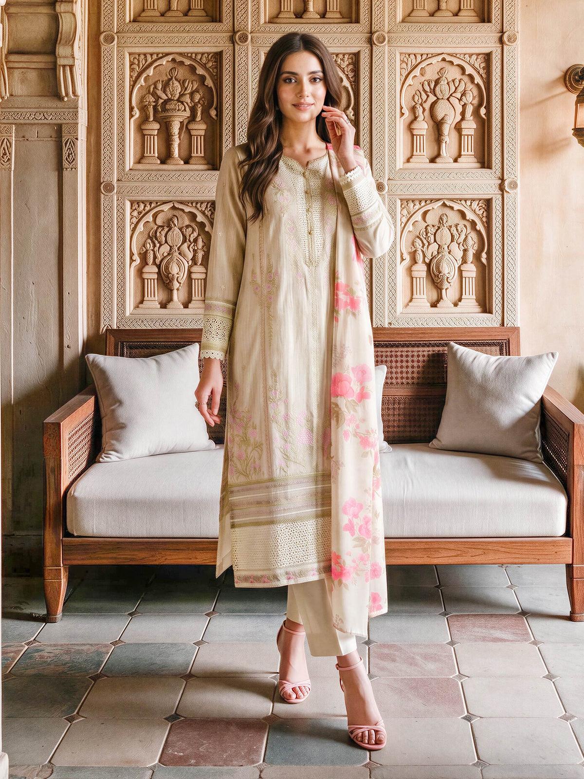3 Piece Zari Karandi Suit- Embroidered (Unstitched)