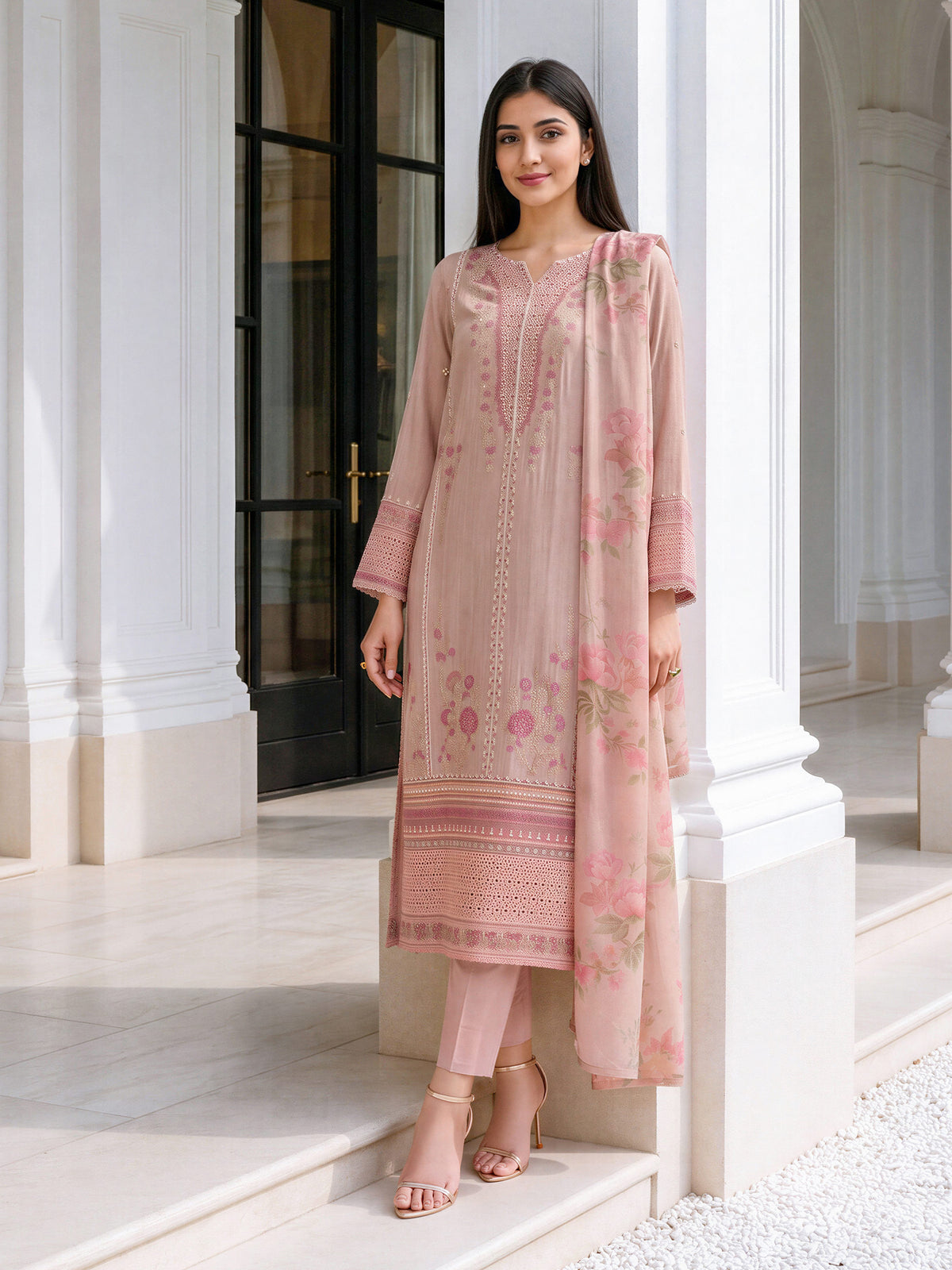 3 Piece Zari Karandi Suit- Embroidered (Unstitched)