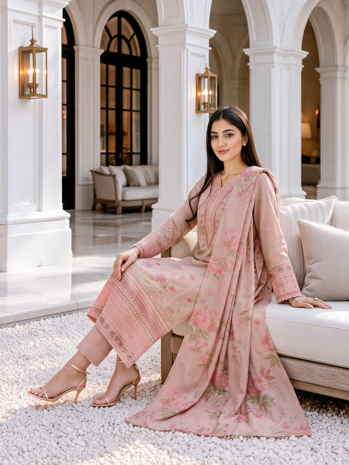 3 Piece Zari Karandi Suit- Embroidered (Unstitched)