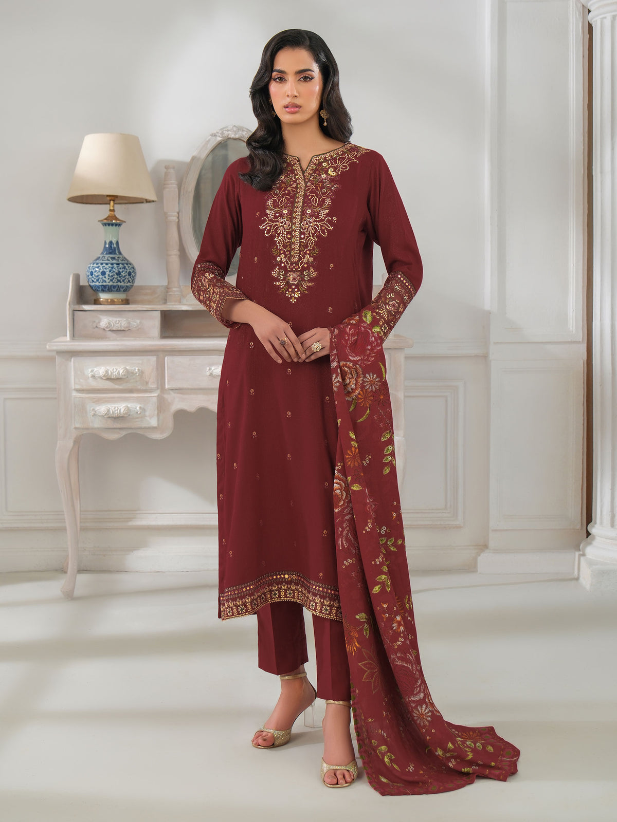 3 Piece Karandi Suit-Embroidered (Unstitched)