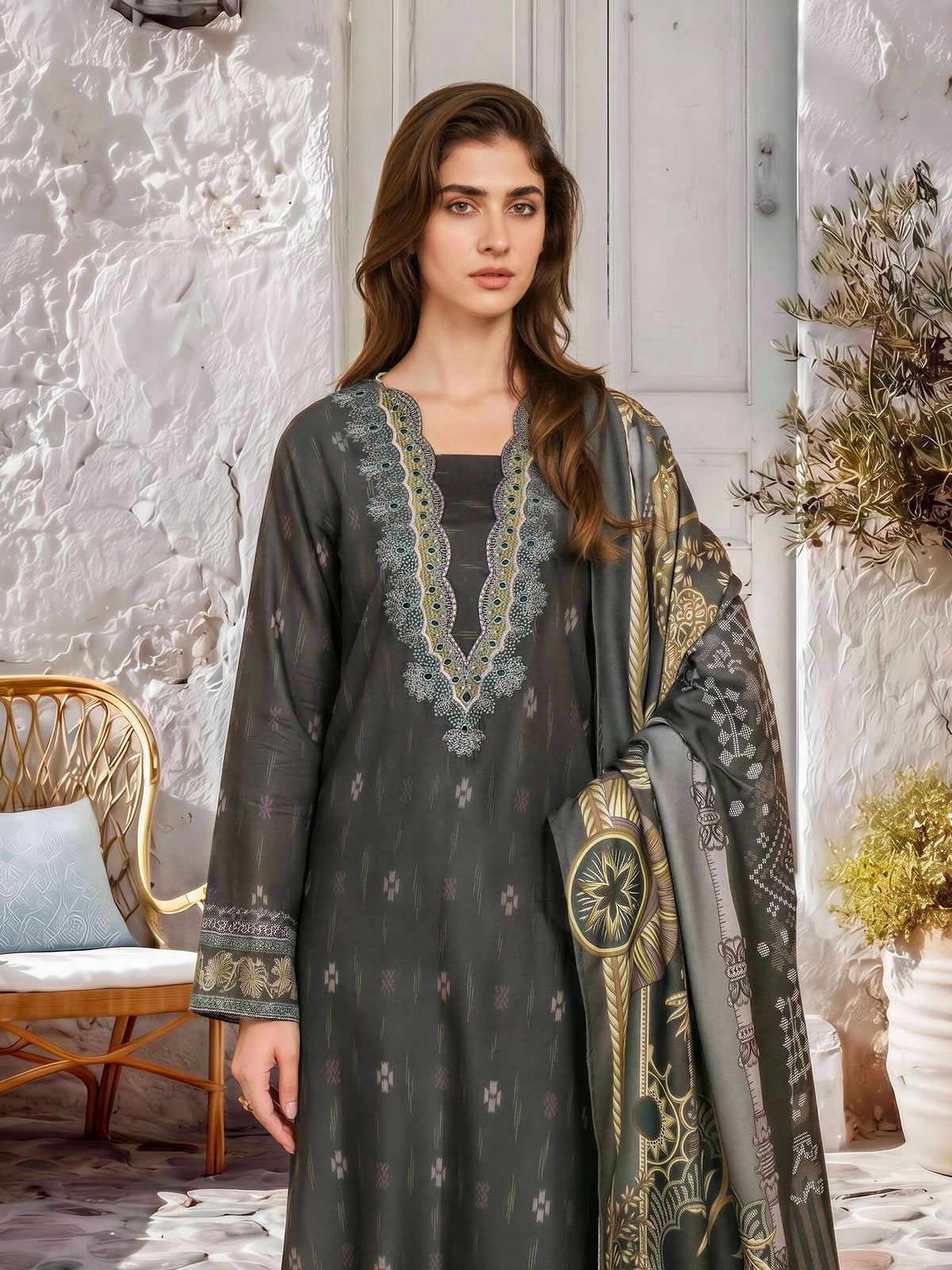3 Piece Linen Suit-Embroidered (Unstitched)