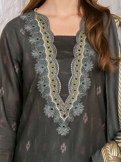 3 Piece Linen Suit-Embroidered (Unstitched)