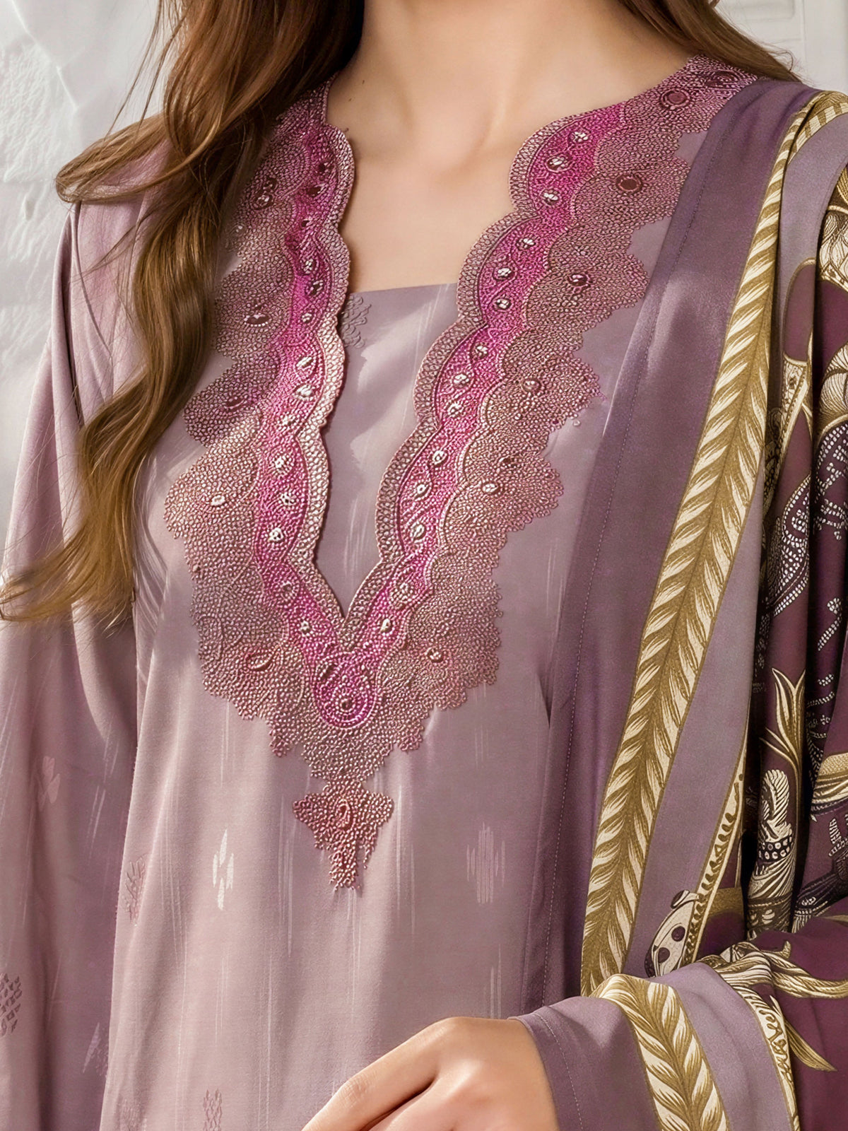 3 Piece Linen Suit-Embroidered (Unstitched)