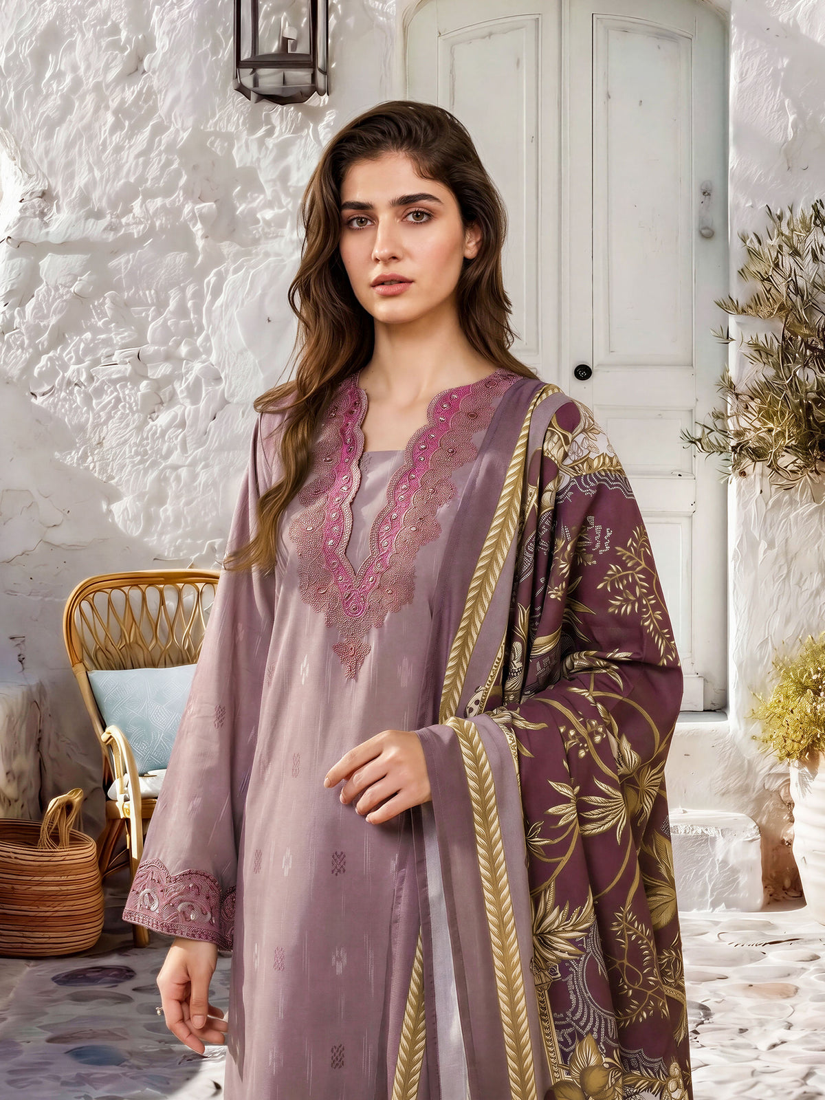3 Piece Linen Suit-Embroidered (Unstitched)