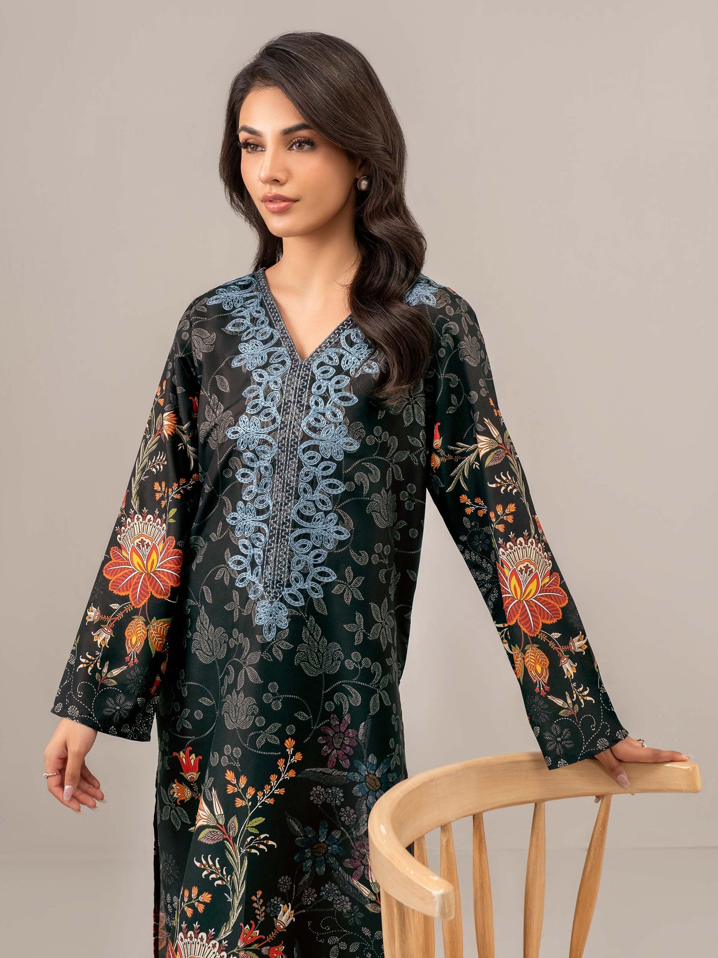 2 Piece Satin Suit-Embroidered (Unstitched)