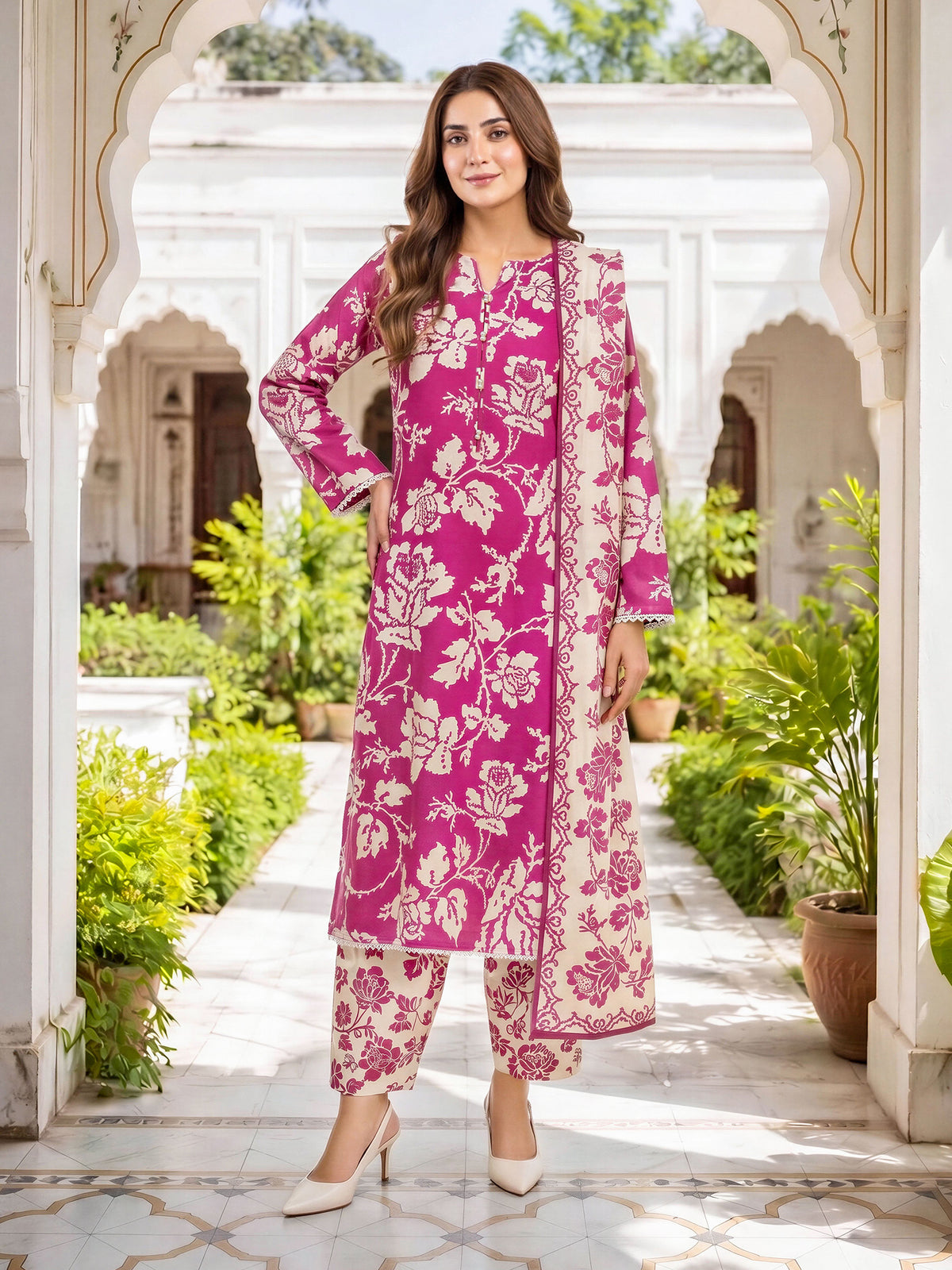 3 Piece Linen Suit-Printed (Unstitched)
