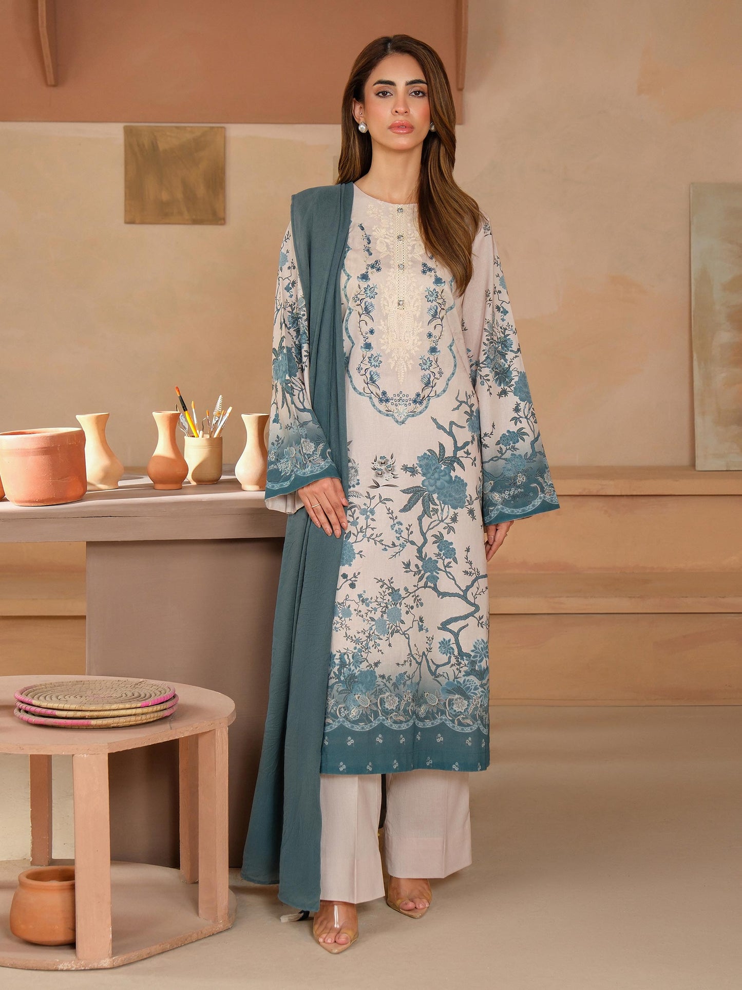 3 Piece Satin Suit-Embroidered (Unstitched)
