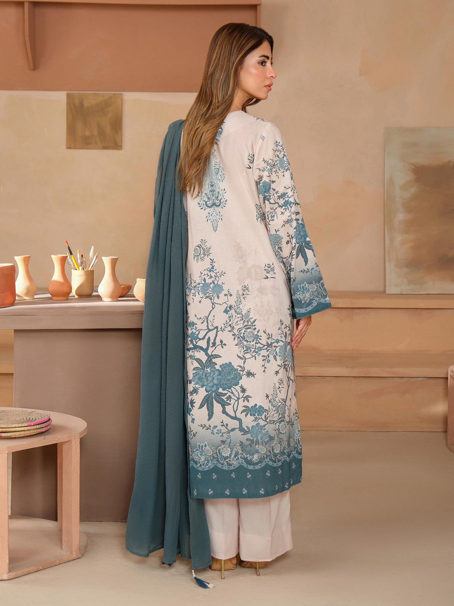 3 Piece Satin Suit-Embroidered (Unstitched)