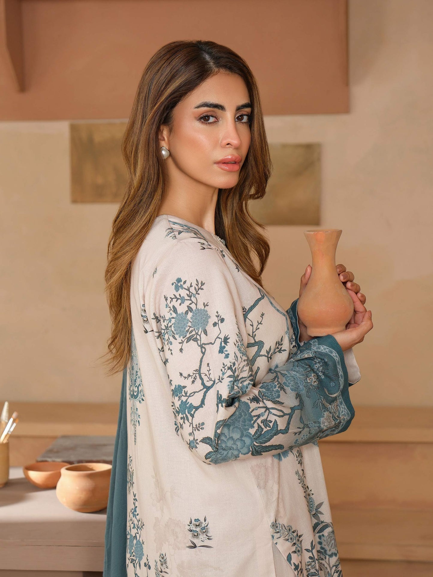 3 Piece Satin Suit-Embroidered (Unstitched)