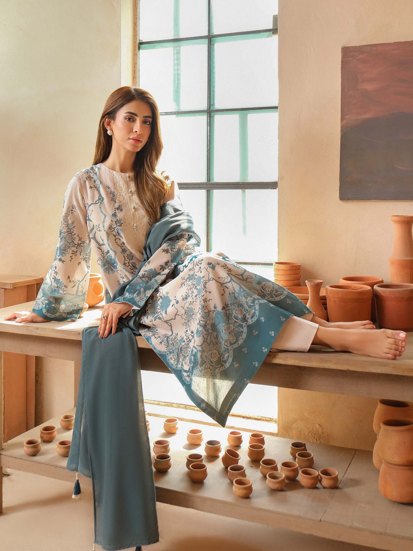3 Piece Satin Suit-Embroidered (Unstitched)