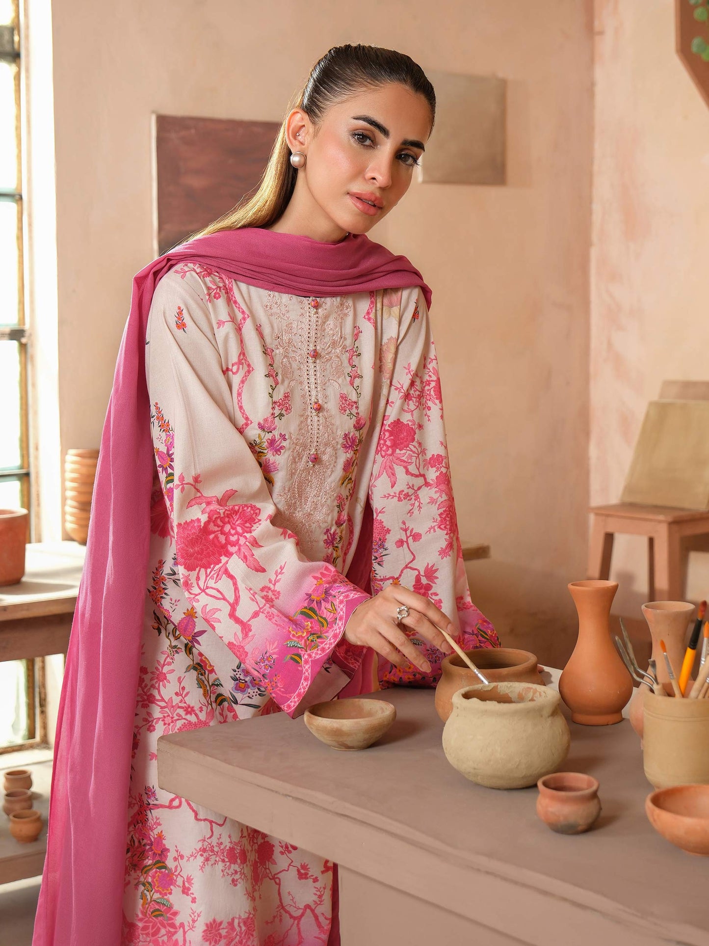 3 Piece Satin Suit-Embroidered (Unstitched)