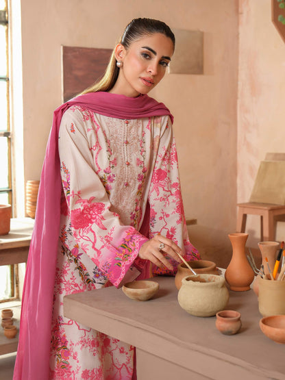 3 Piece Satin Suit-Embroidered (Unstitched)
