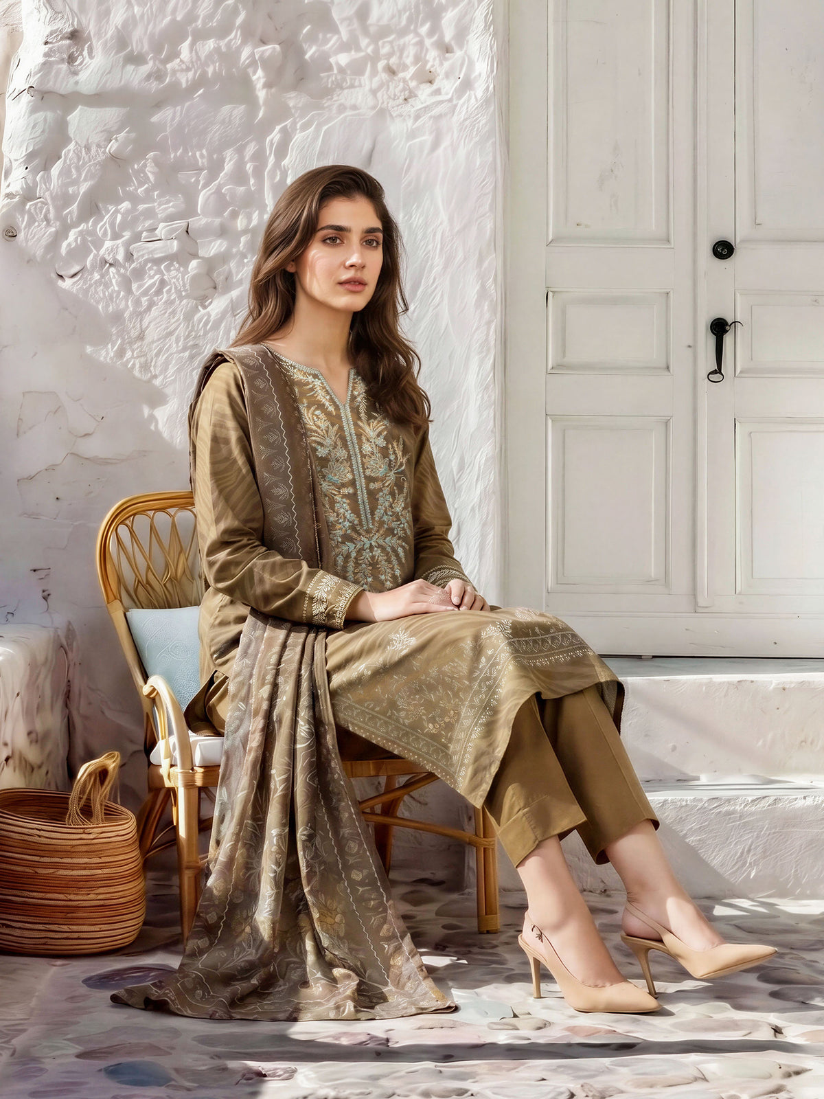 3 Piece Slub Khaddar Suit-Embroidered (Unstitched)