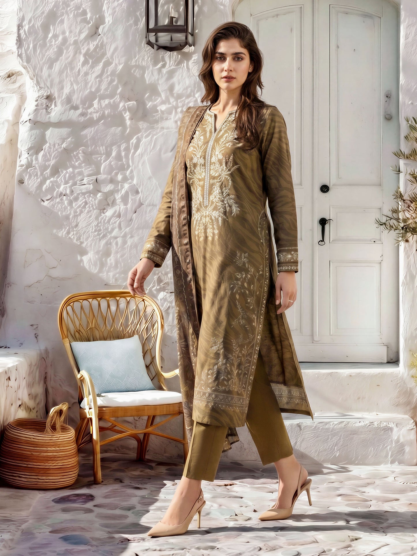 3 Piece Slub Khaddar Suit-Embroidered (Unstitched)