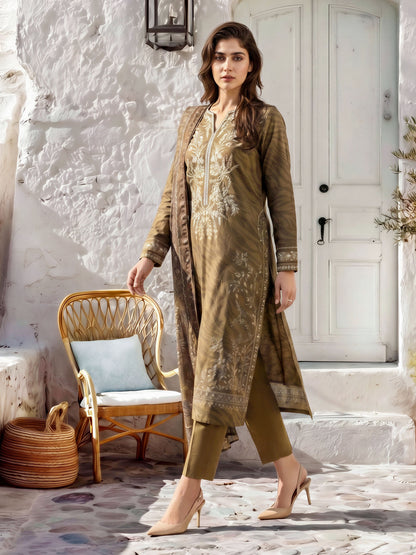 3 Piece Slub Khaddar Suit-Embroidered (Unstitched)