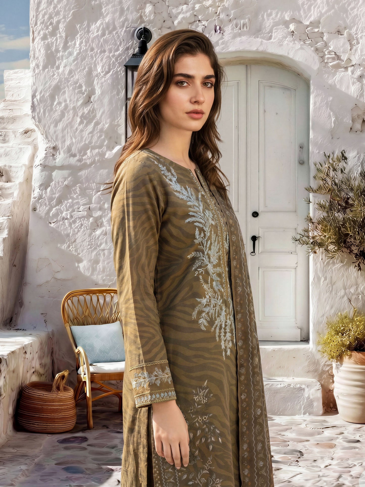 3 Piece Slub Khaddar Suit-Embroidered (Unstitched)