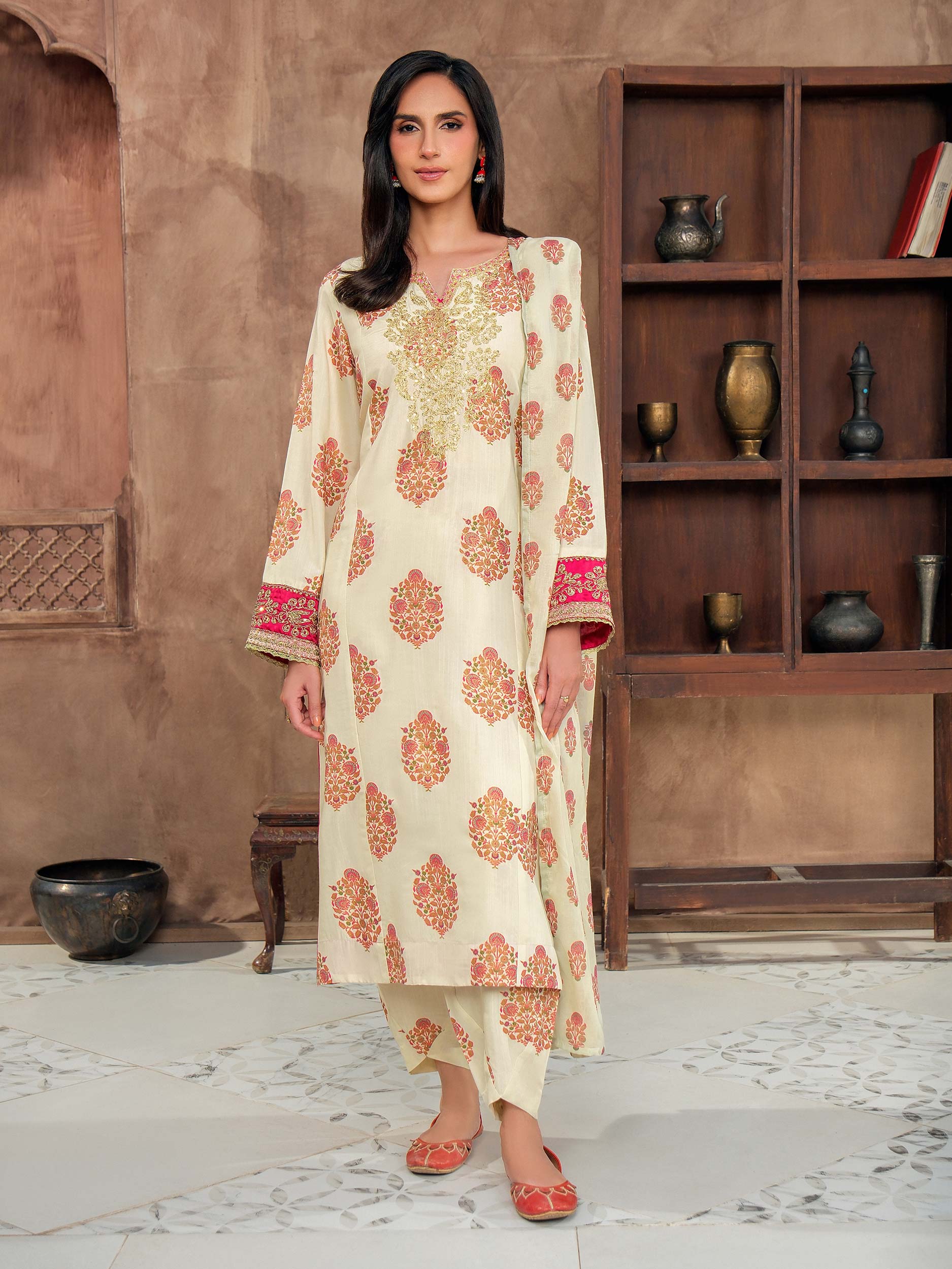 3 Piece Silk Suit-Embroidered (Unstitched)