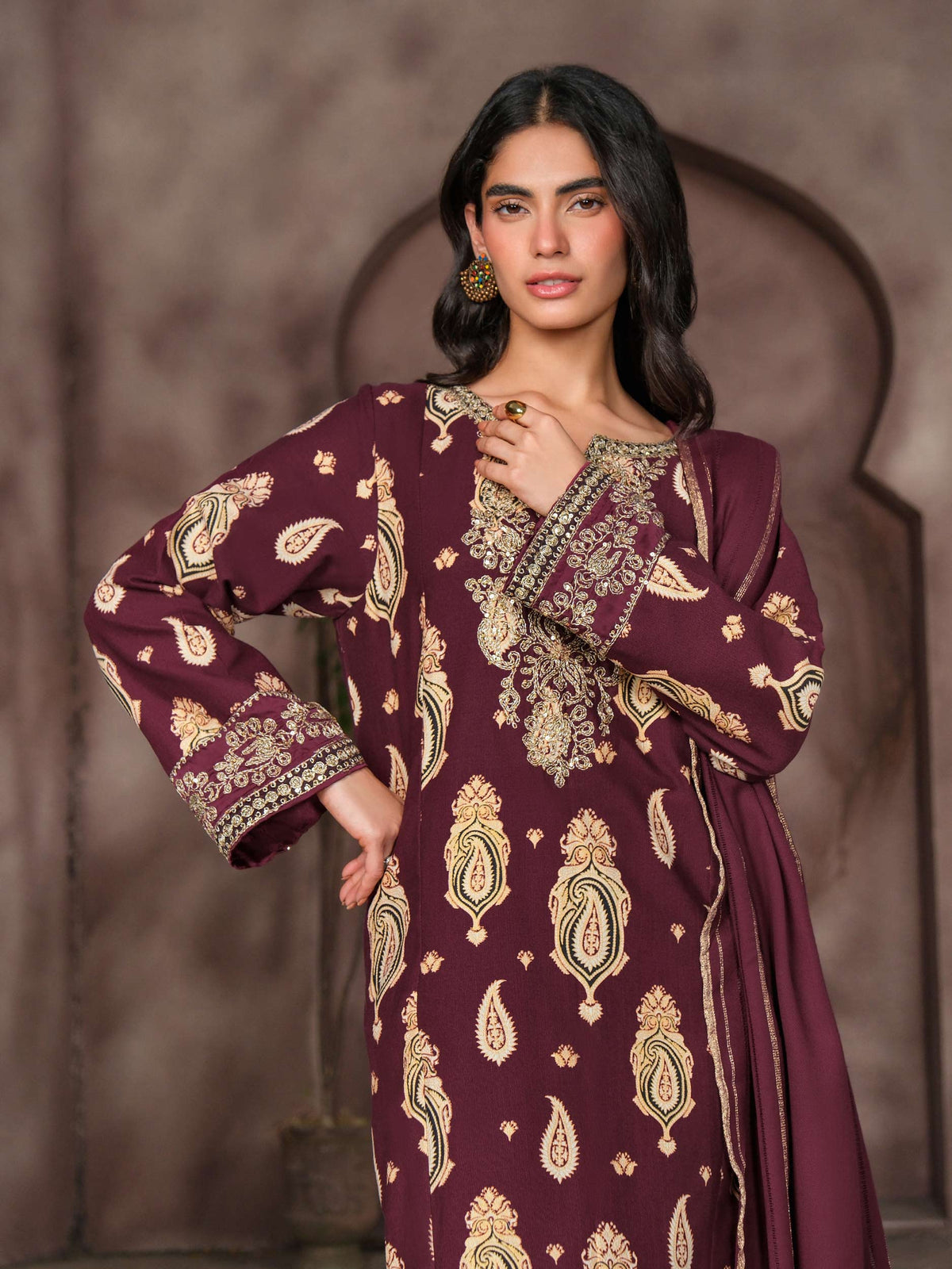 3 Piece Khaddar Paste Suit- Embroidered (Unstitched)