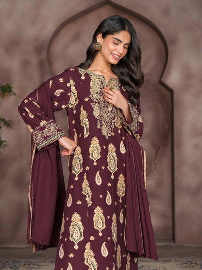 3 Piece Khaddar Paste Suit- Embroidered (Unstitched)