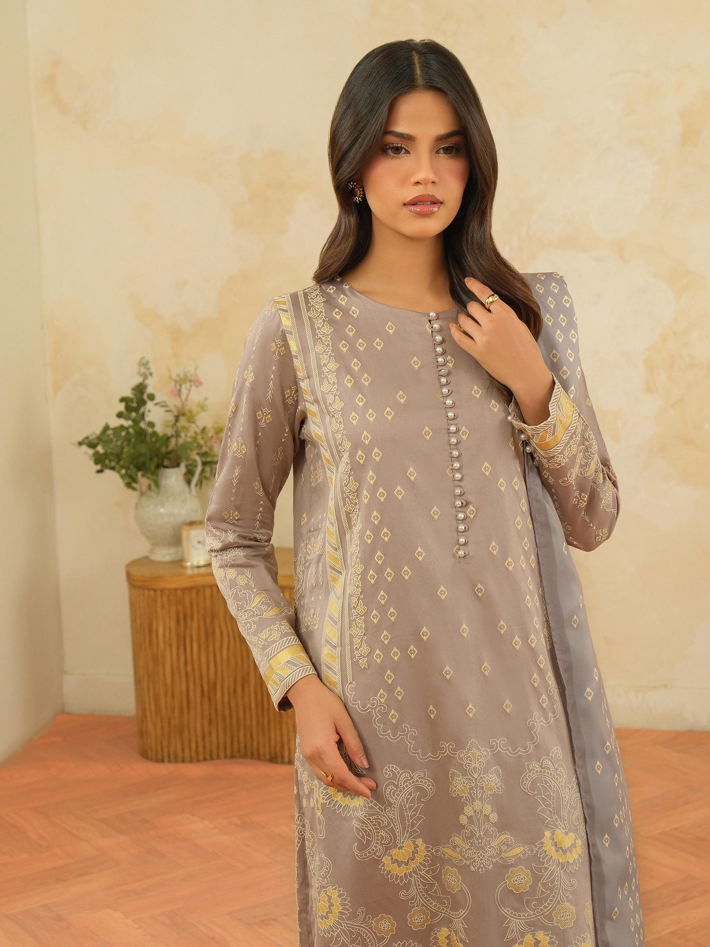 3 Piece Satin Suit-Paste Print (Unstitched)