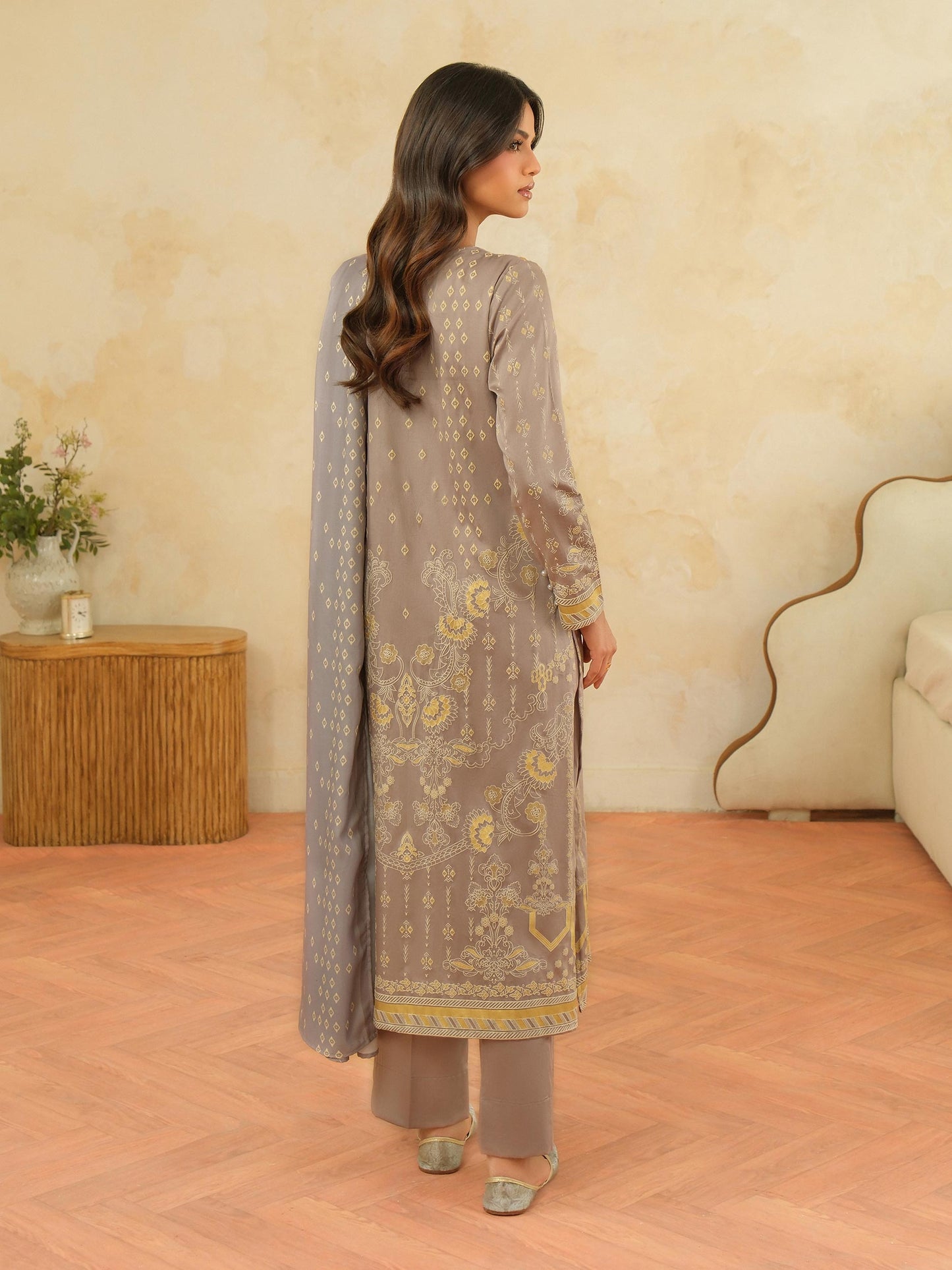 3 Piece Satin Suit-Paste Print (Unstitched)