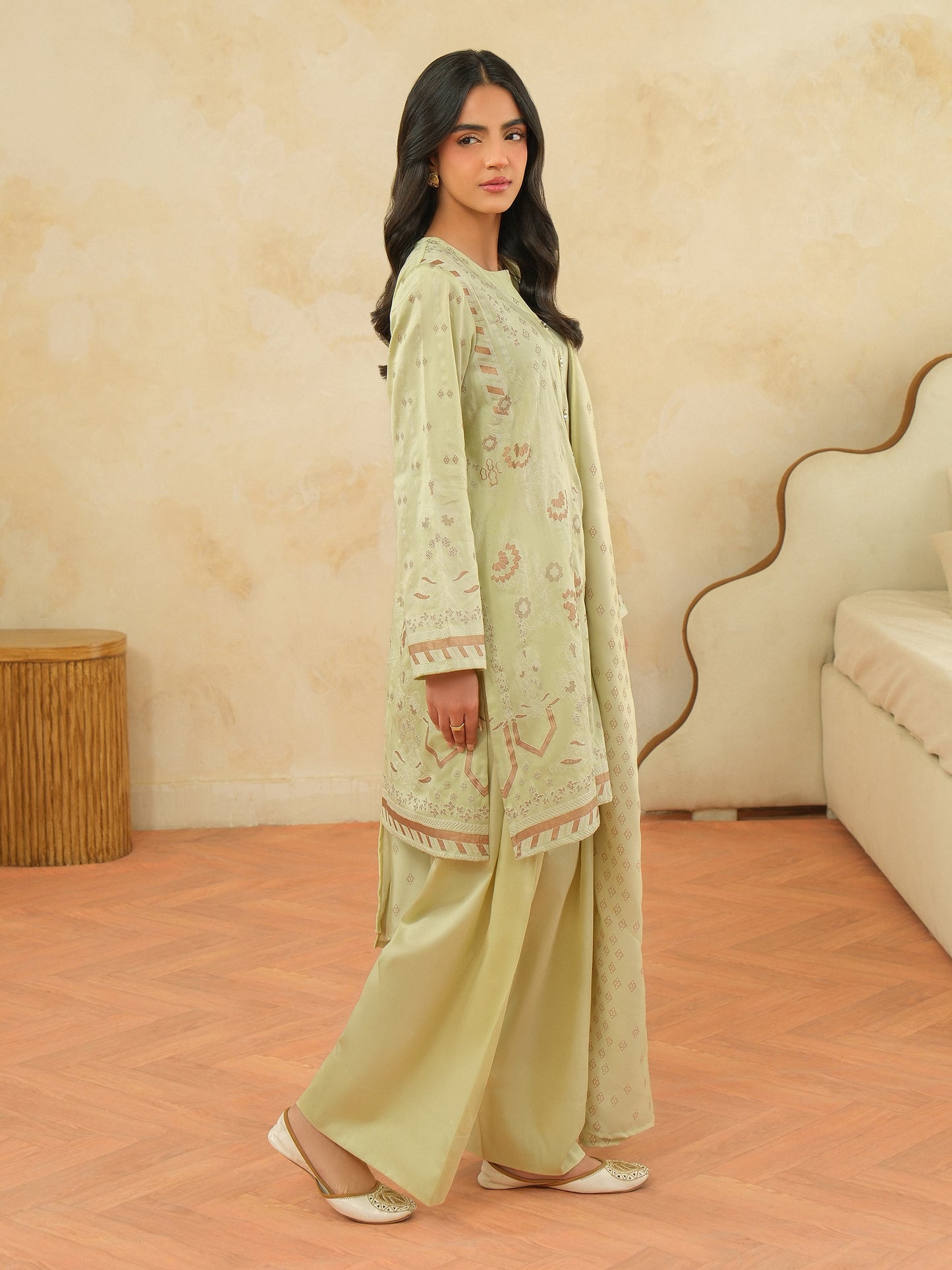 3 Piece Satin Suit-Paste Print (Unstitched)