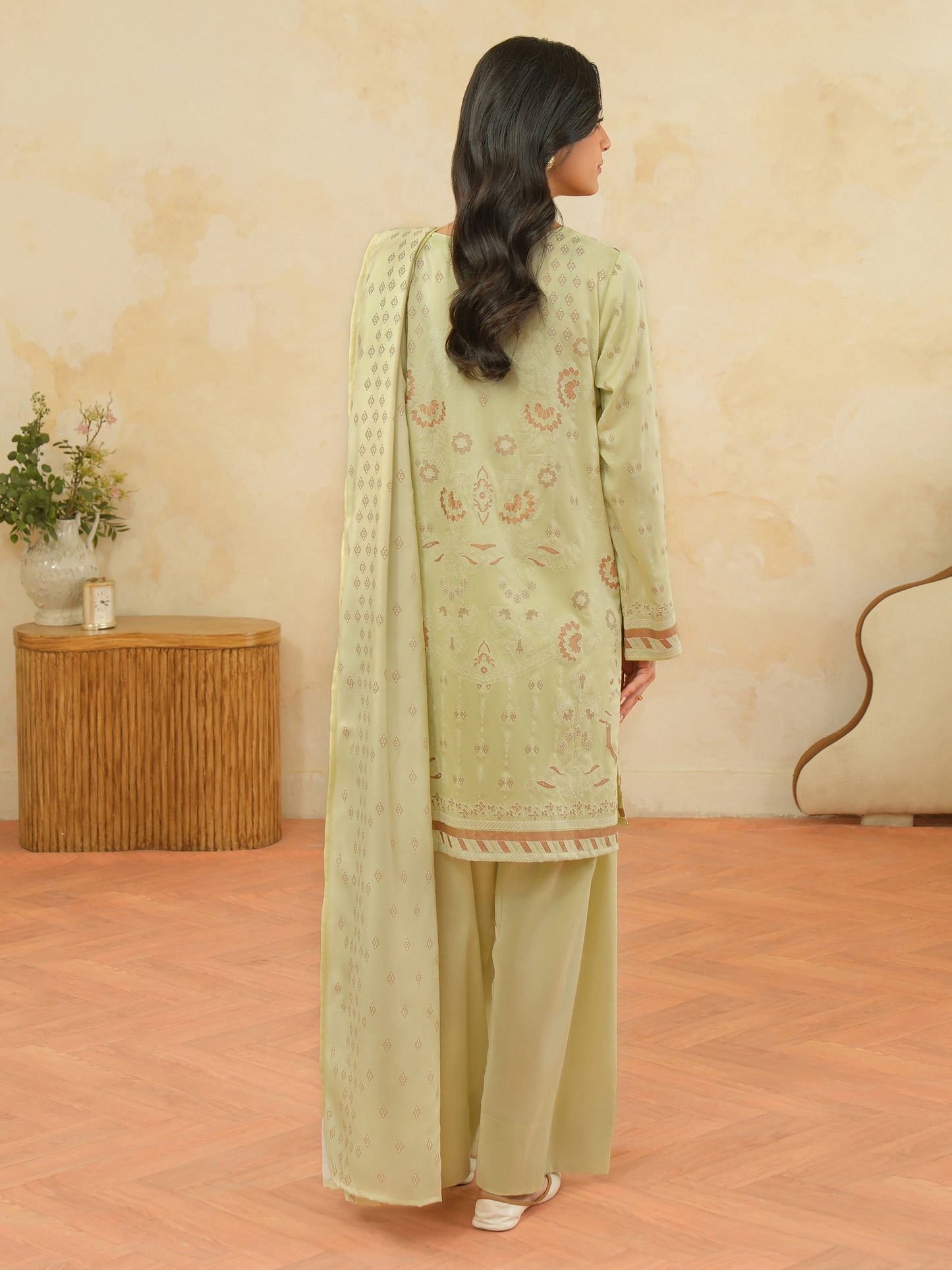 3 Piece Satin Suit-Paste Print (Unstitched)