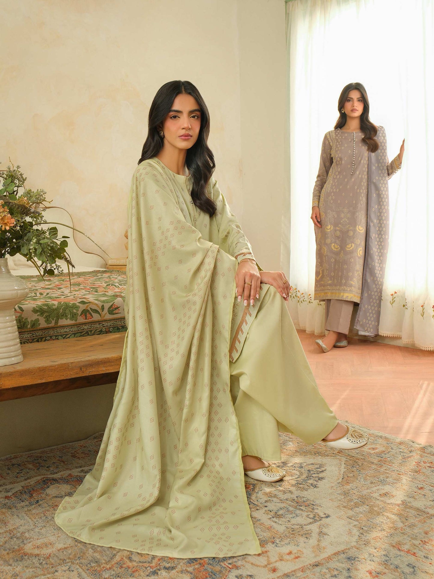 3 Piece Satin Suit-Paste Print (Unstitched)