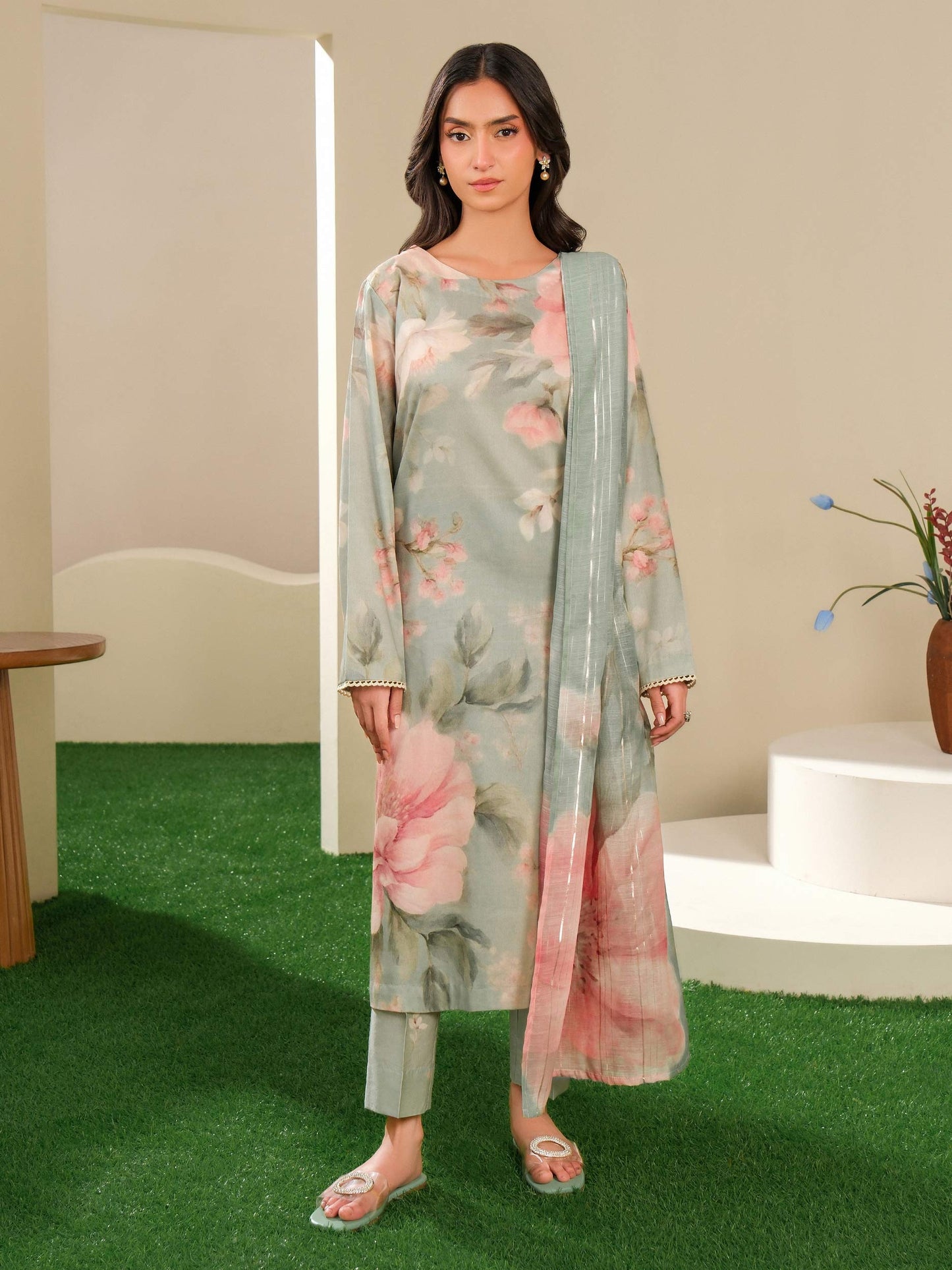 3 Piece Satin Suit-Printed (Unstitched)