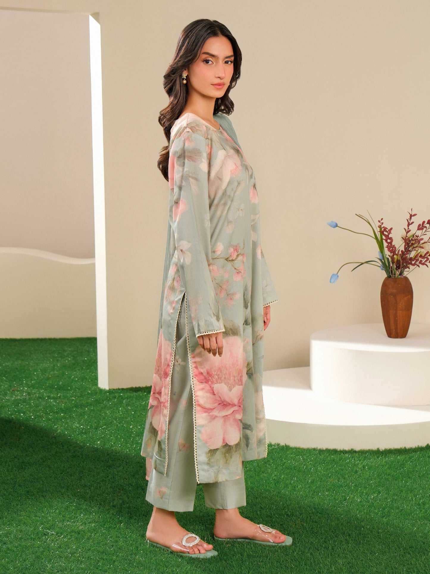 3 Piece Satin Suit-Printed (Unstitched)