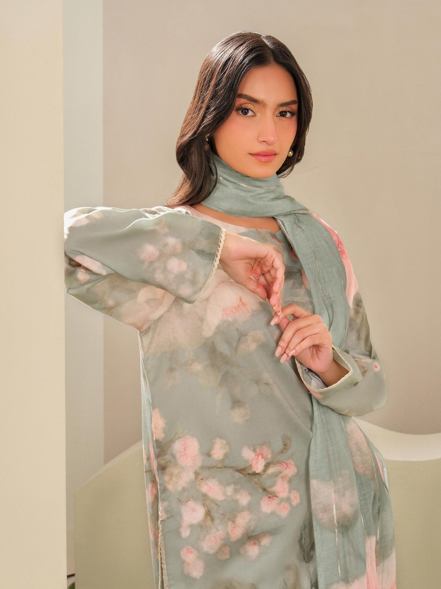 3 Piece Satin Suit-Printed (Unstitched)