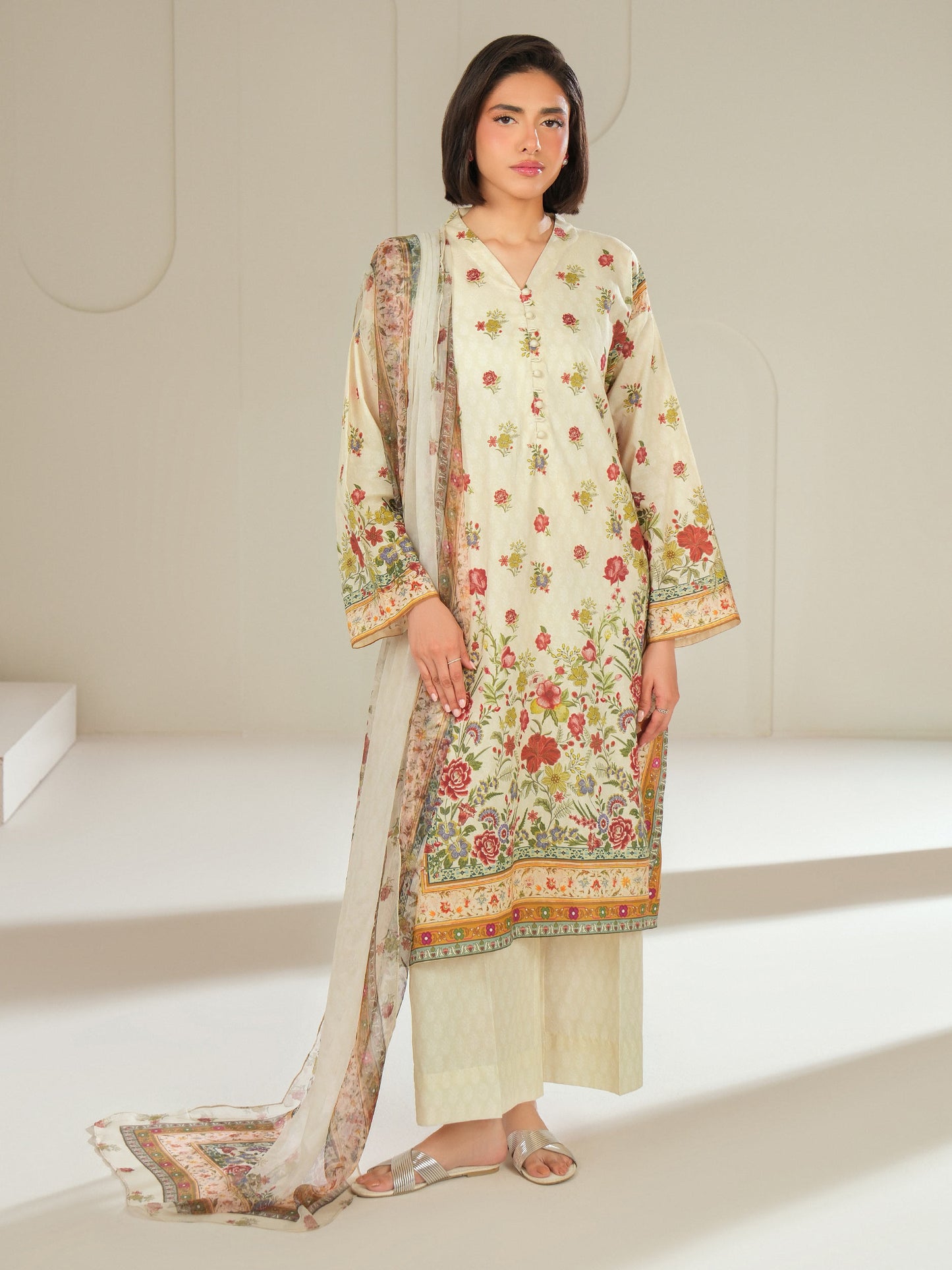 3 Piece Satin Suit-Printed (Unstitched)